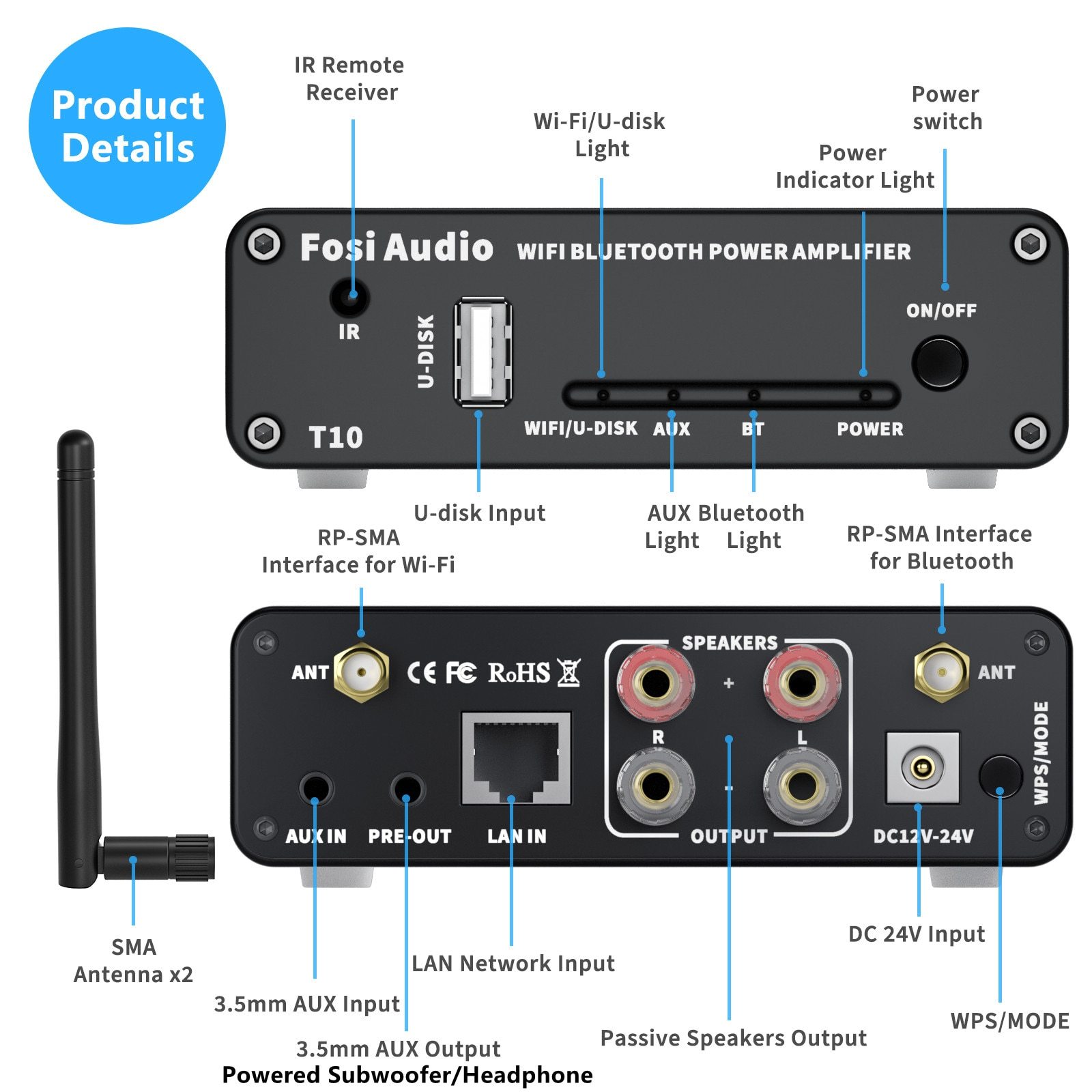 T10 Stereo Sound Amp 100W Powerful Audio Wifi Amplifier with Bluetooth and remote control features, showcasing its sleek design and connectivity options.