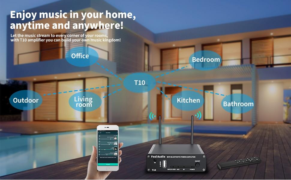 T10 Stereo Sound Amp 100W Powerful Audio Wifi Amplifier with Bluetooth and remote control features, showcasing its sleek design and connectivity options.