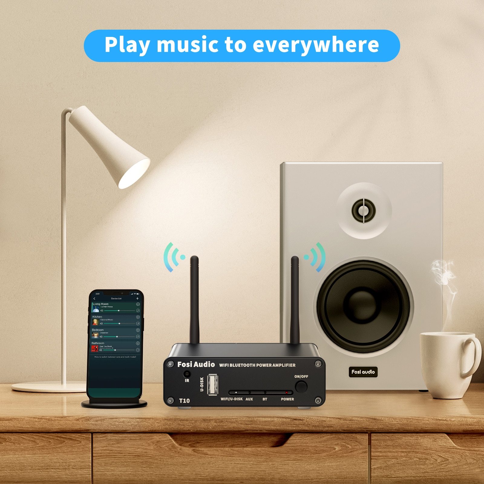 T10 Stereo Sound Amp 100W Powerful Audio Wifi Amplifier with Bluetooth and remote control features, showcasing its sleek design and connectivity options.