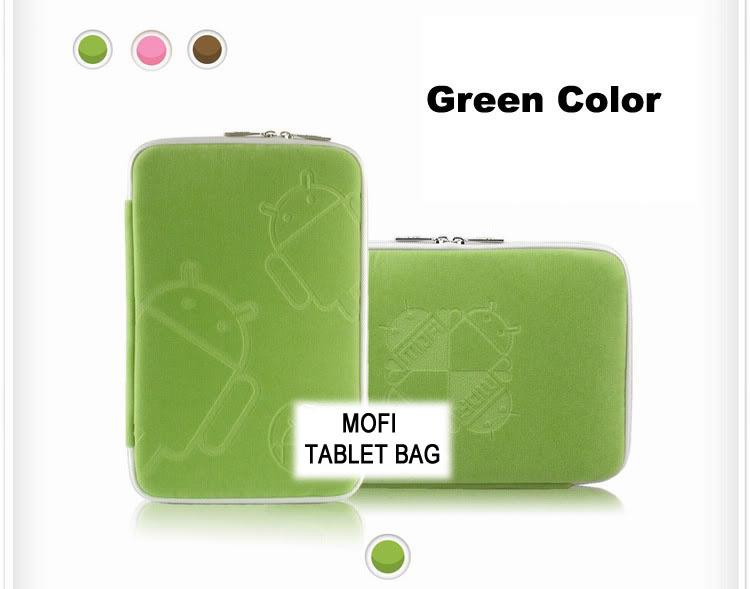 MofiZip protective case for 10' tablets in green with Android logo, showcasing its padded design and twin zip feature.