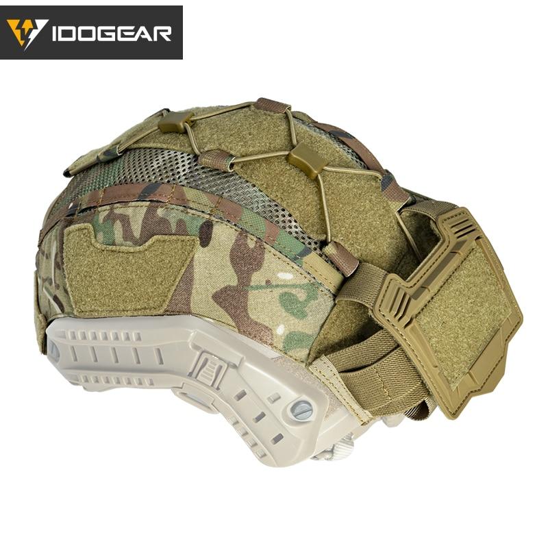 Tactical helmet cover designed for Maritime helmets, featuring an NVG battery pouch, in Multicam and Multicam Black colors.