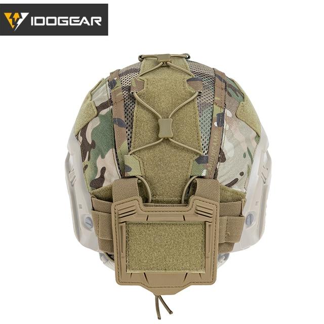 Tactical helmet cover designed for Maritime helmets, featuring an NVG battery pouch, in Multicam and Multicam Black colors.