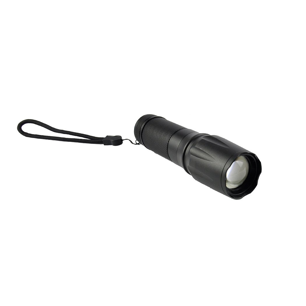 Tactical LED Flashlight Zoom Military Torch Light Kit with aluminum alloy body and accessories.