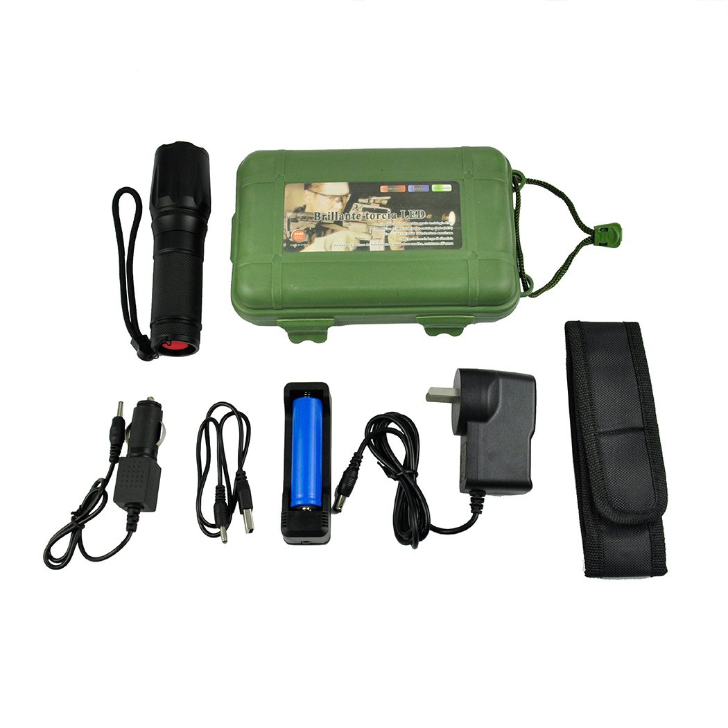 Tactical LED Flashlight Zoom Military Torch Light Kit with aluminum alloy body and accessories.