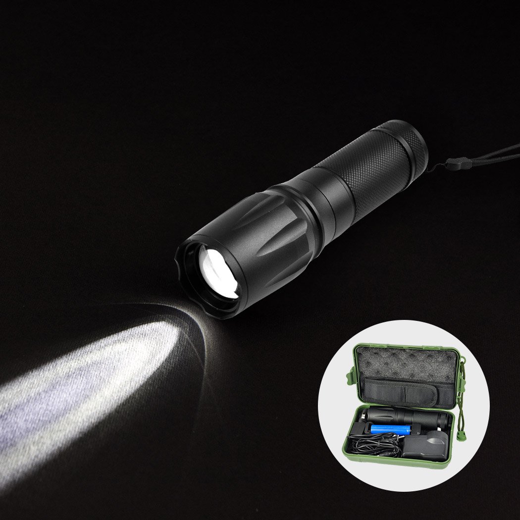 Tactical LED Flashlight Zoom Military Torch Light Kit with aluminum alloy body and accessories.