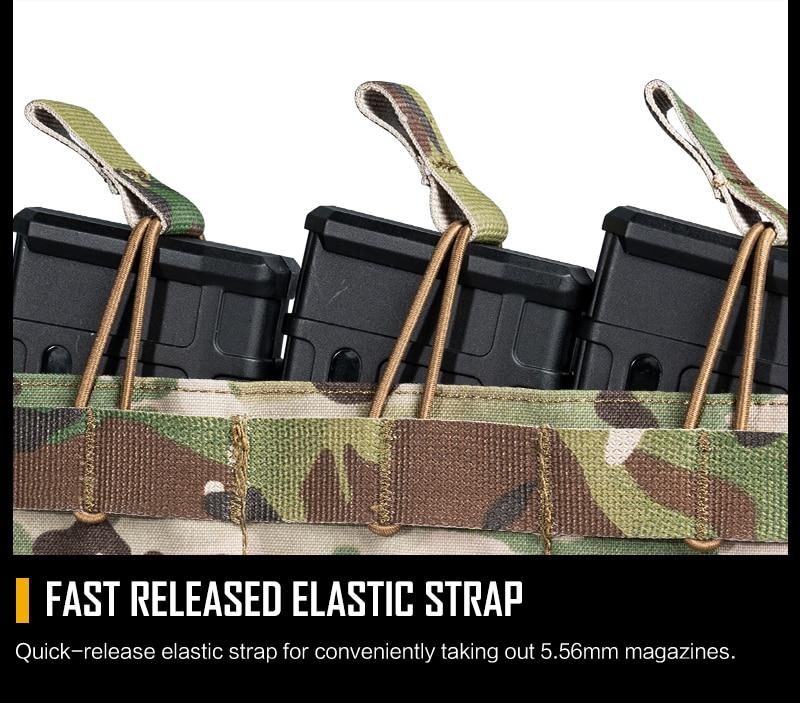 Tactical Molle Triple Mag Pouch in Multicam color, designed to hold three 5.56 magazines securely with MOLLE webbing.