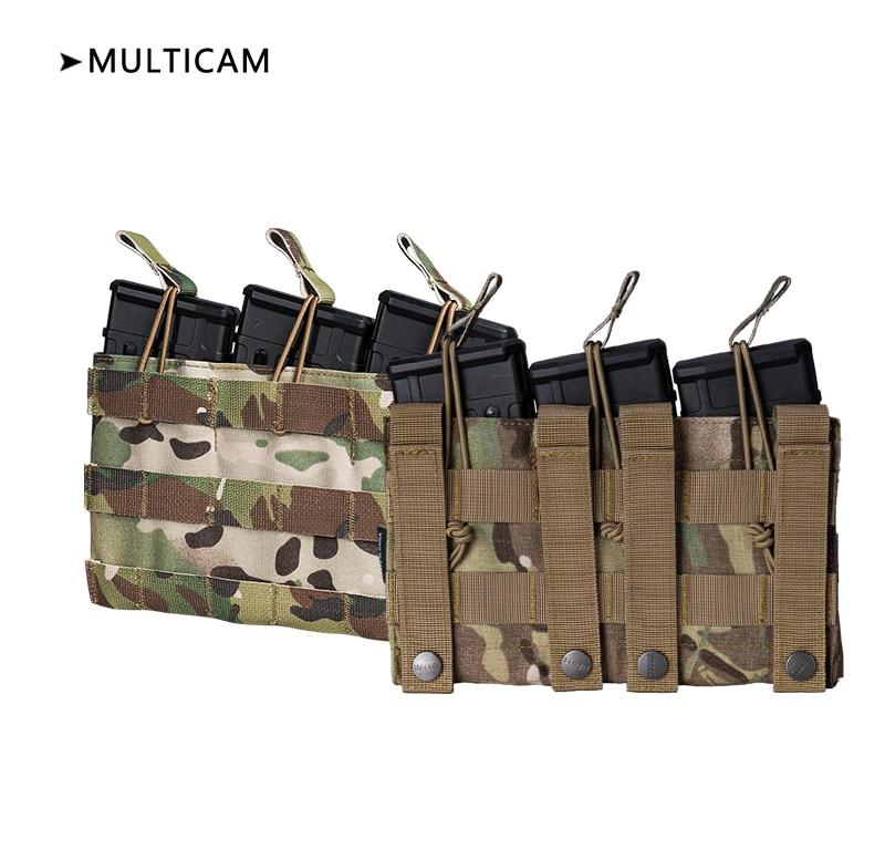 Tactical Molle Triple Mag Pouch in Multicam color, designed to hold three 5.56 magazines securely with MOLLE webbing.