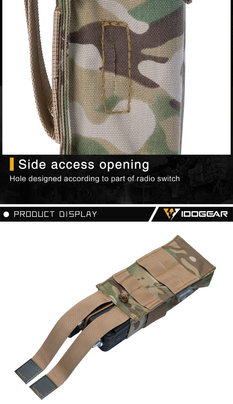 Tactical Radio Pouch for RRV vest in Multicam color, designed for walkie talkies with MOLLE compatibility, made from durable nylon fabric.