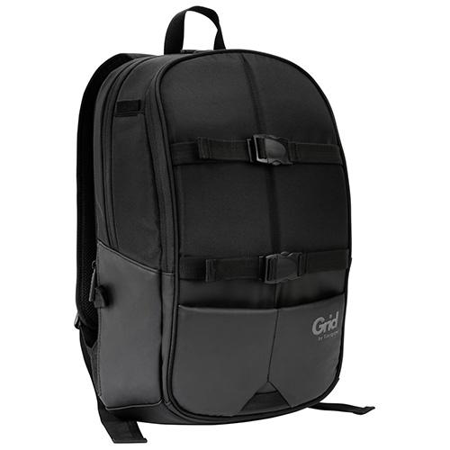 Targus 15.6' Grid Essentials Backpack in Black, showcasing its sleek design and protective features for tech devices.