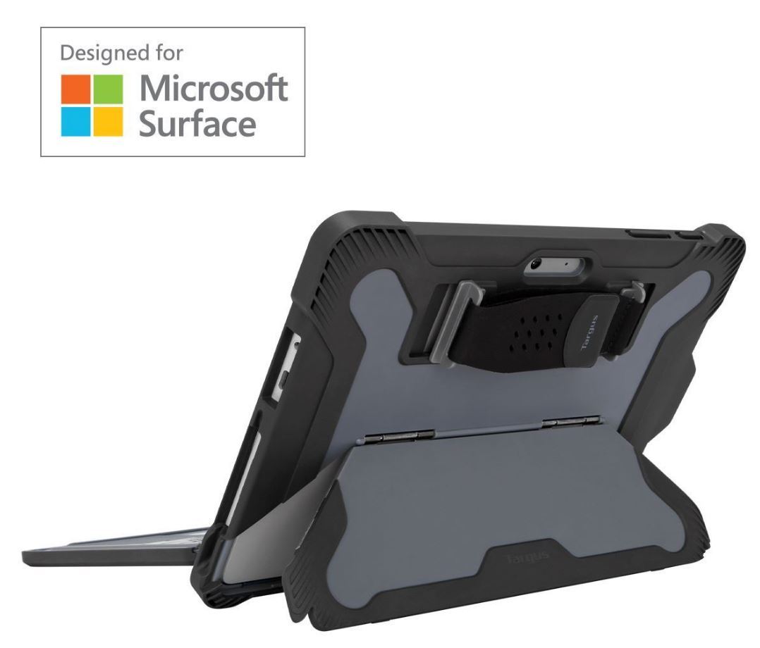 TARGUS Safeport Rugged case for Microsoft Surface Go in grey, showcasing its durable design and kickstand feature.