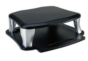 Targus Universal Monitor Stand with slide-out tray, designed for laptops and docking stations, showcasing its sleek black finish and adjustable height.