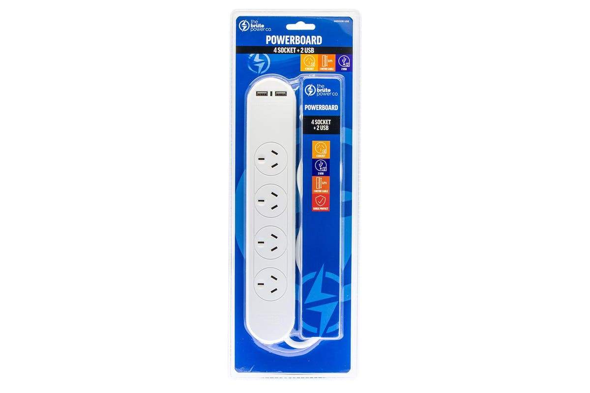 Brute Power Co. power strip with 4 sockets and 2 USB ports, featuring surge protection and a compact design.