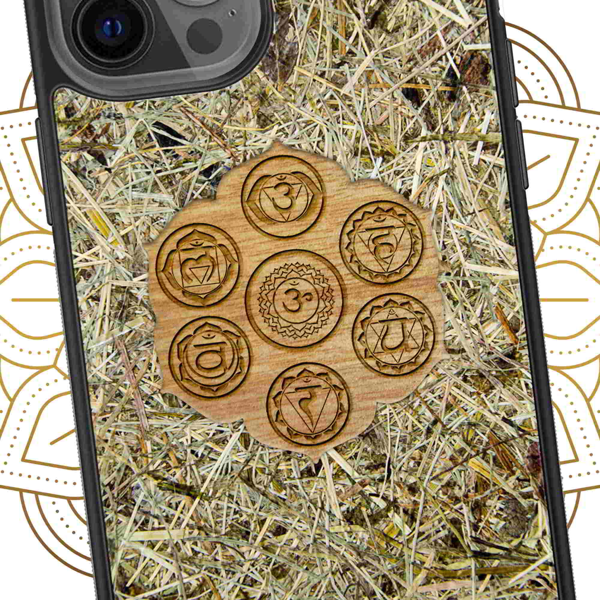 The Seven Chakra Symbols - Alpine Hay phone case featuring organic materials and chakra designs, showcasing a blend of nature and spirituality.