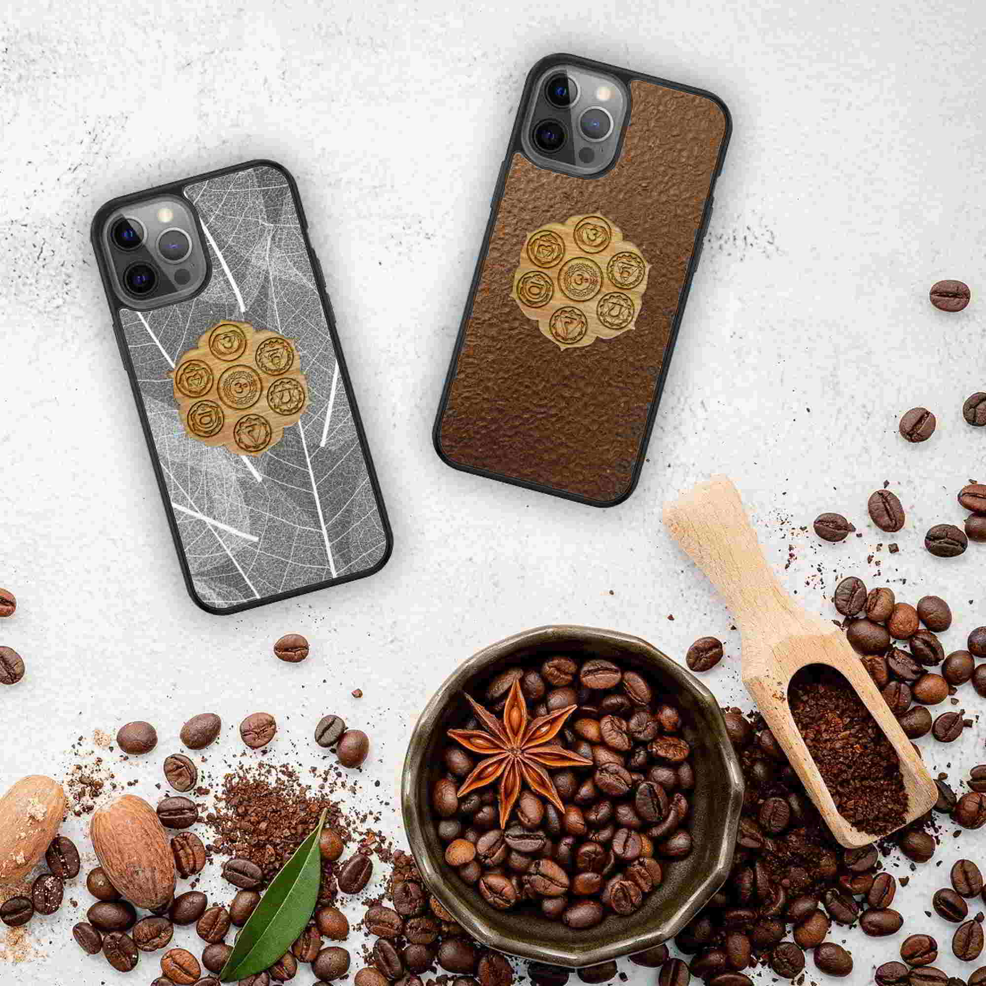 The Seven Chakra Symbols - Alpine Hay phone case featuring organic materials and chakra designs, showcasing a blend of nature and spirituality.