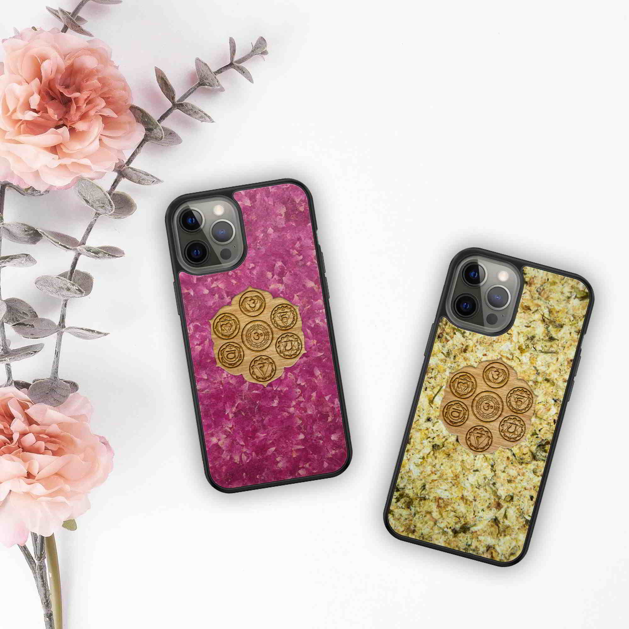 The Seven Chakra Symbols - Alpine Hay phone case featuring organic materials and chakra designs, showcasing a blend of nature and spirituality.