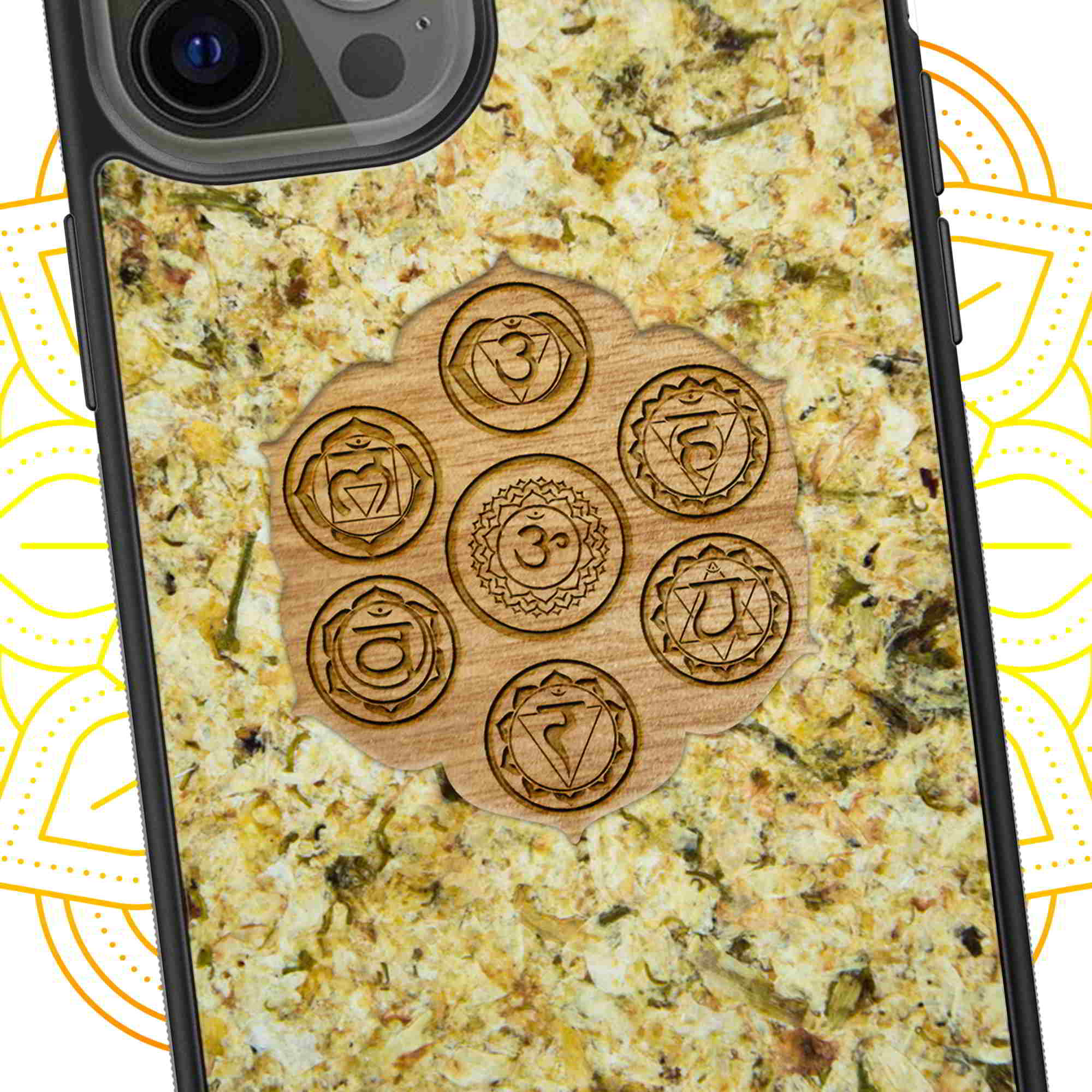 A beautifully designed phone case featuring the Seven Chakra Symbols made from organic Jasmine material, showcasing its unique texture and calming properties.