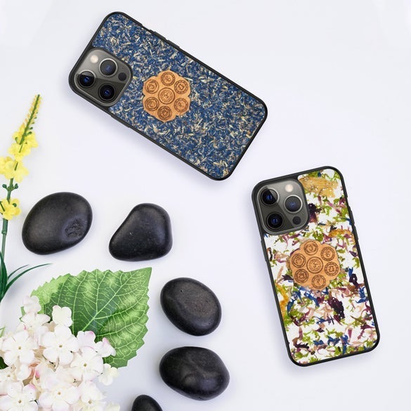 The Seven Chakra Symbols Mountain Stone phone case showcasing natural organic materials with chakra designs.