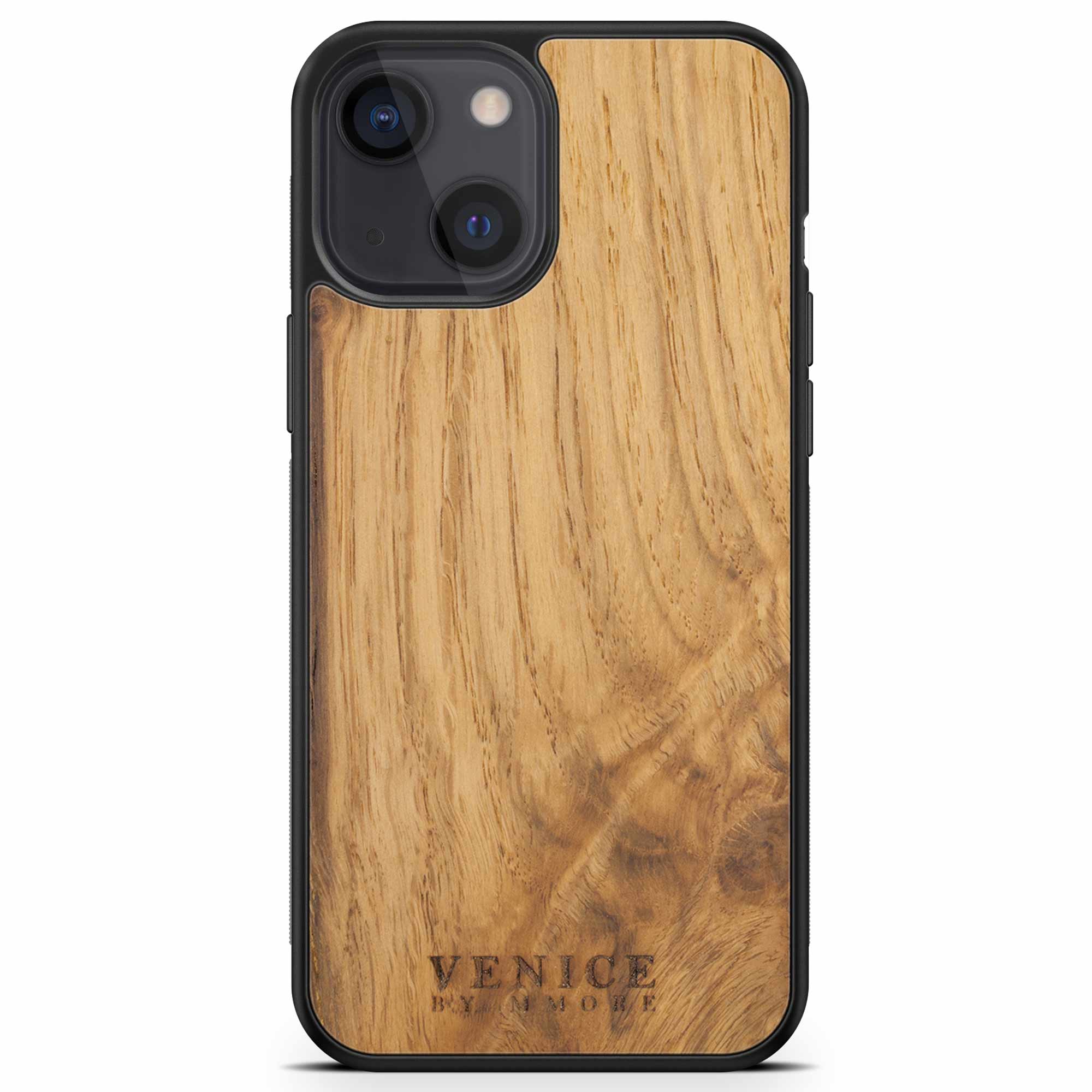 Handcrafted Venice case made from ancient oak wood with minimalist lettering design, showcasing its unique texture and craftsmanship.