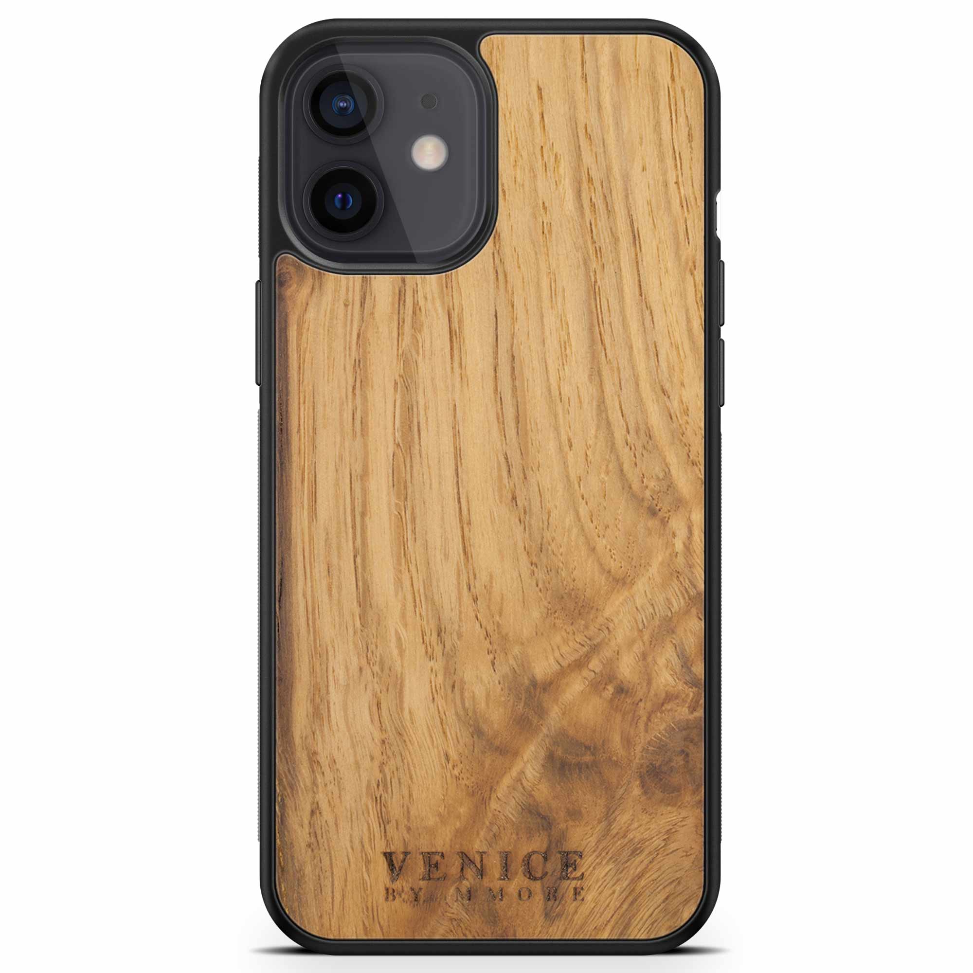 Handcrafted Venice case made from ancient oak wood with minimalist lettering design, showcasing its unique texture and craftsmanship.