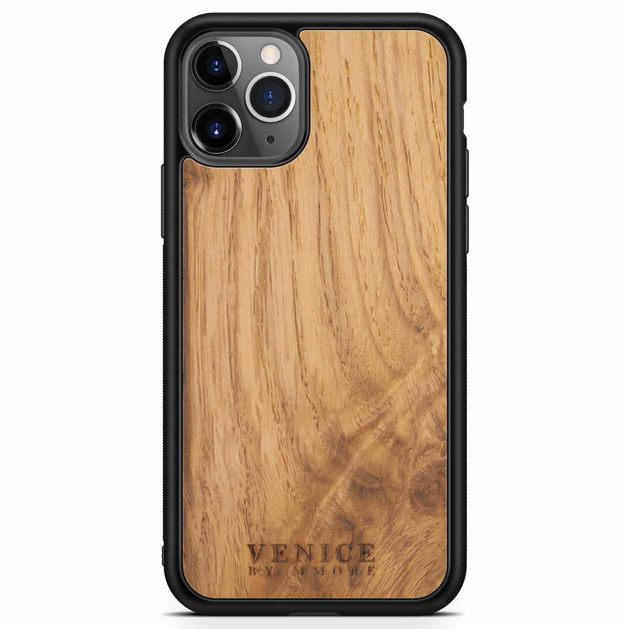 Handcrafted Venice case made from ancient oak wood with minimalist lettering design, showcasing its unique texture and craftsmanship.