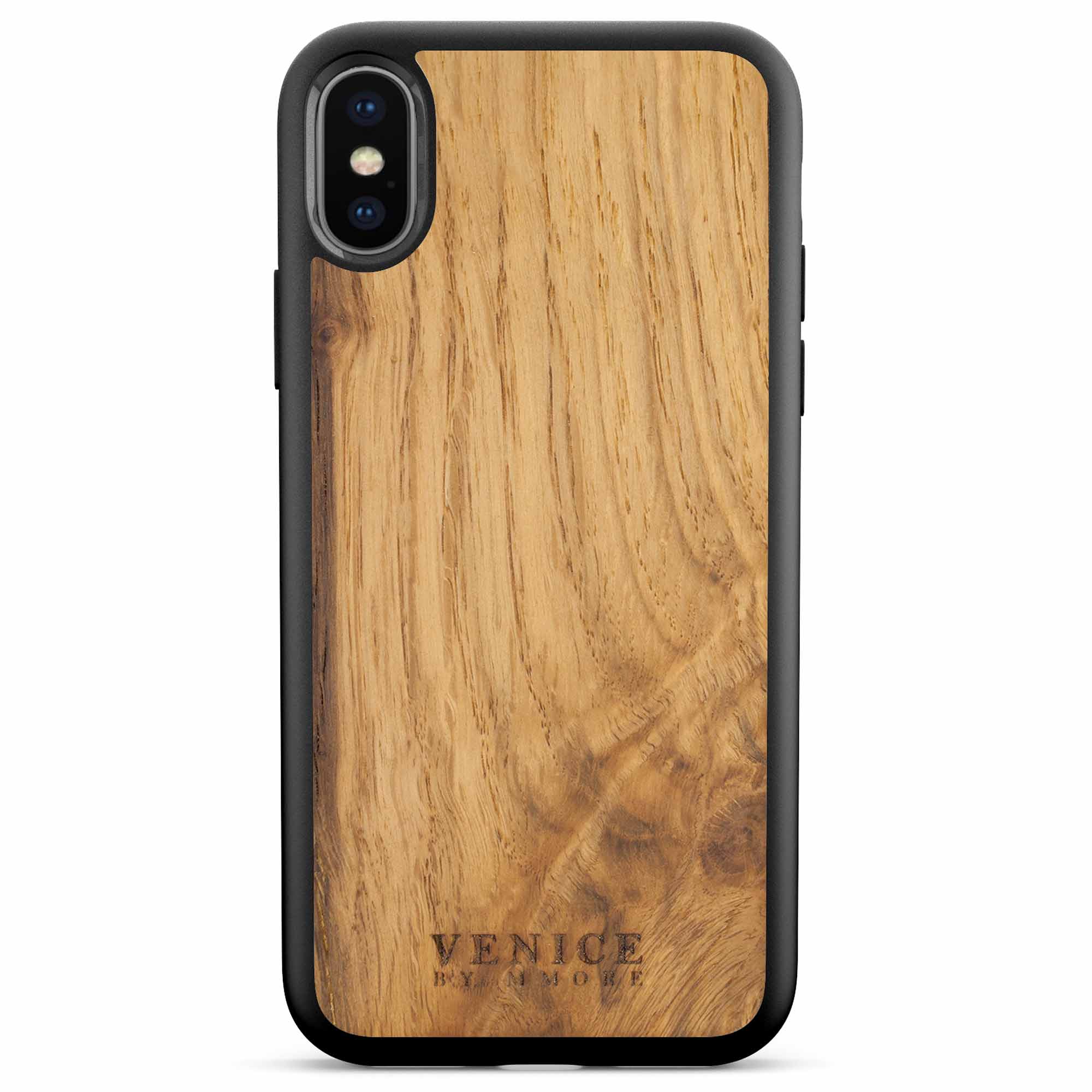 Handcrafted Venice case made from ancient oak wood with minimalist lettering design, showcasing its unique texture and craftsmanship.