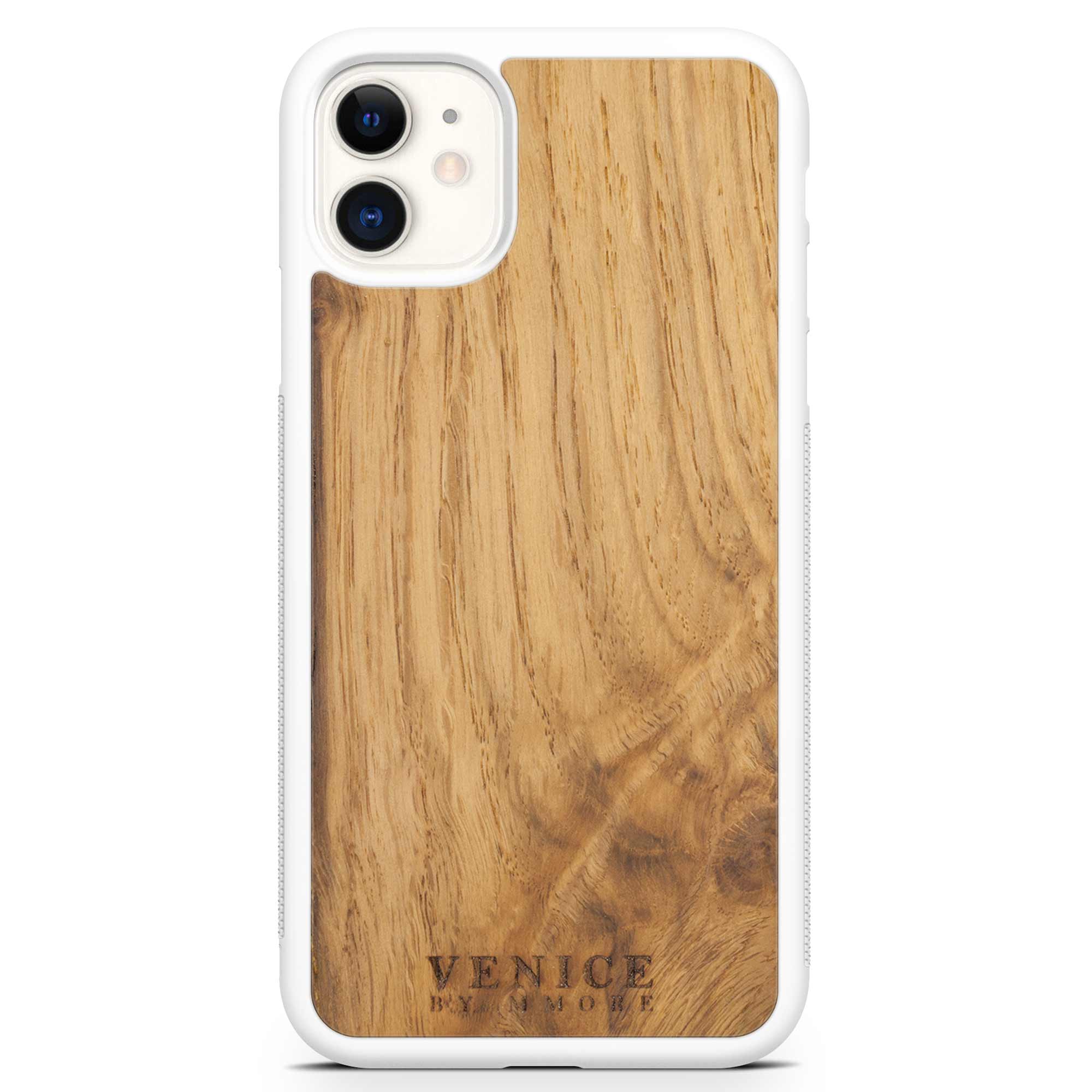 Handcrafted Venice case made from ancient oak wood with minimalist lettering design, showcasing its unique texture and craftsmanship.