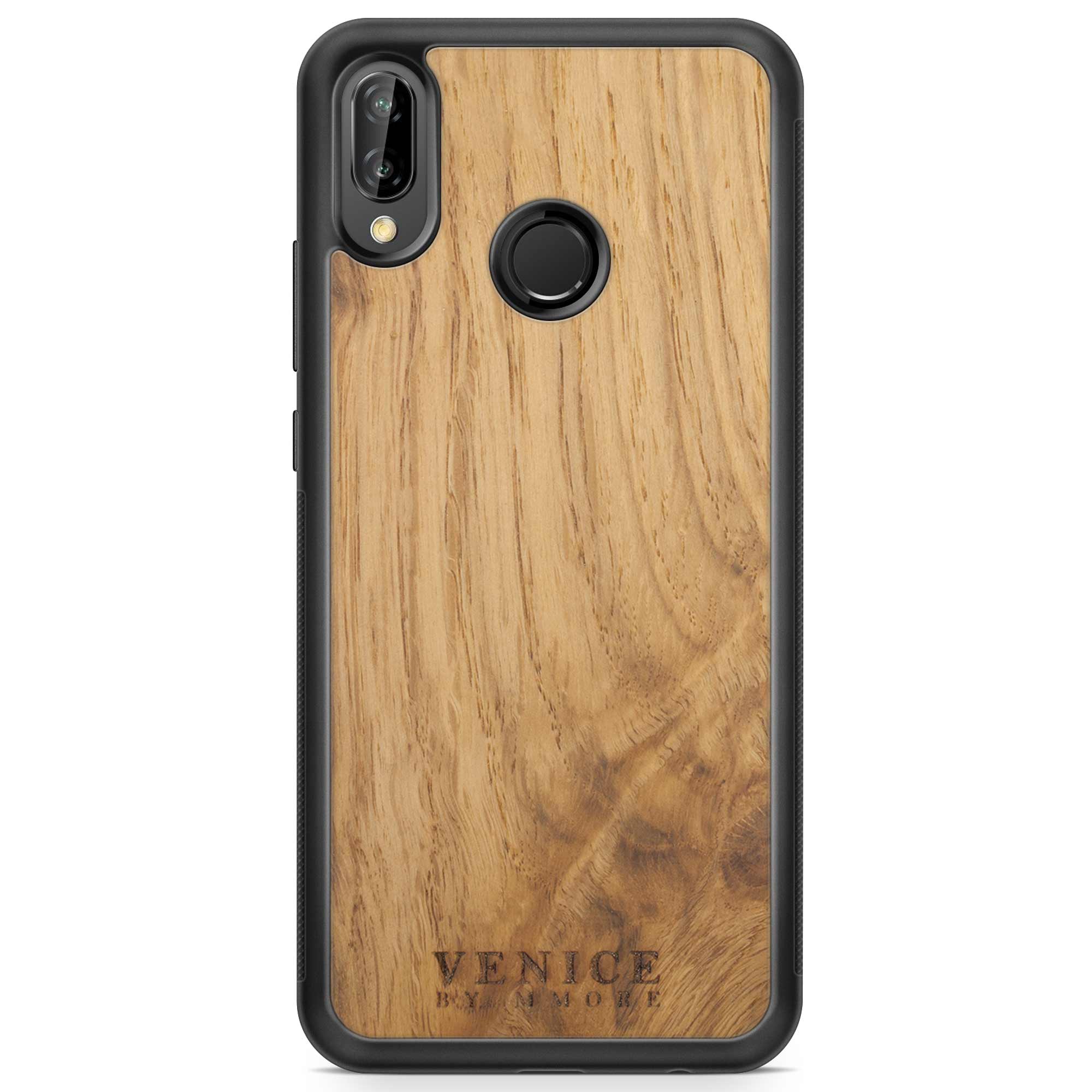 Handcrafted Venice case made from ancient oak wood with minimalist lettering design, showcasing its unique texture and craftsmanship.