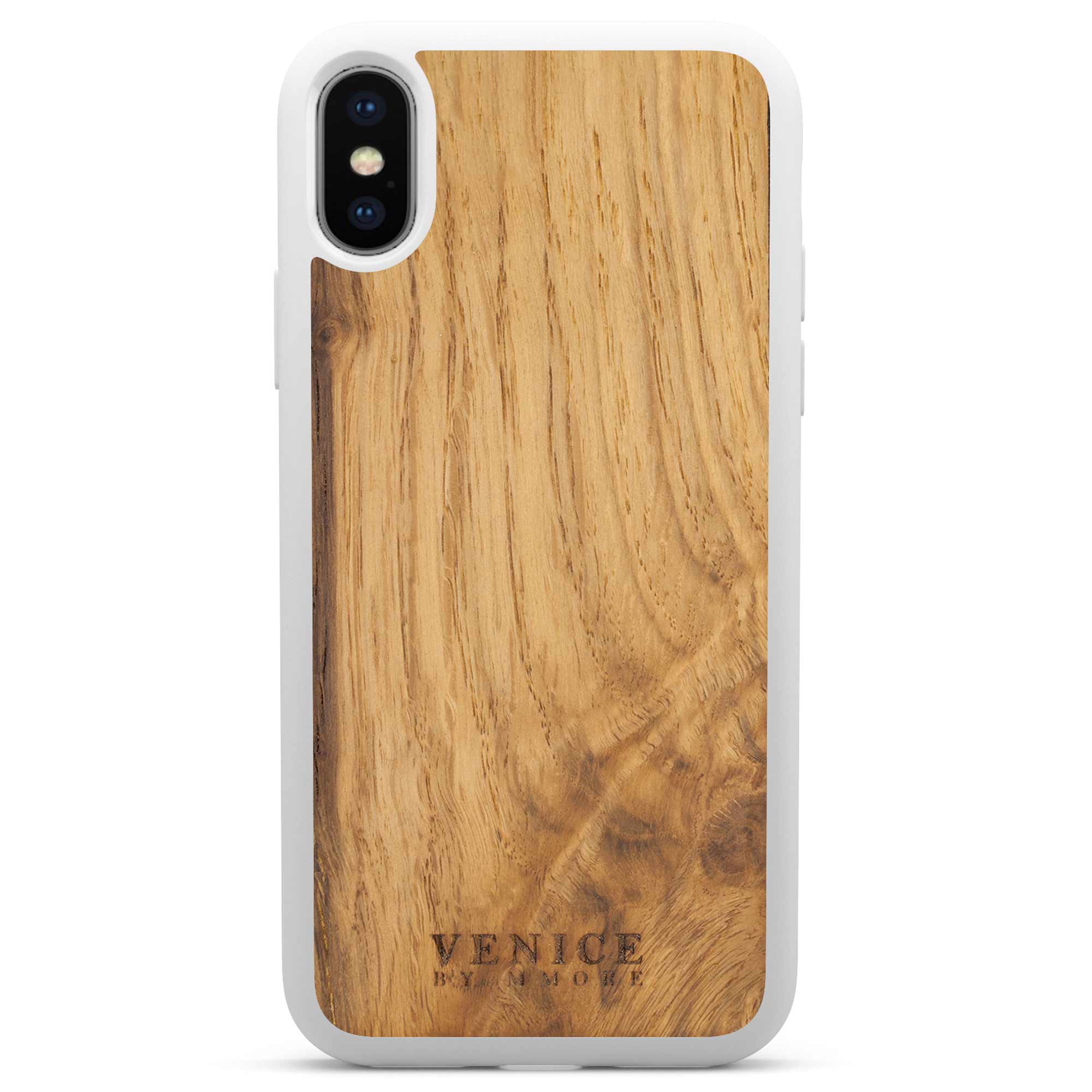 Handcrafted Venice case made from ancient oak wood with minimalist lettering design, showcasing its unique texture and craftsmanship.