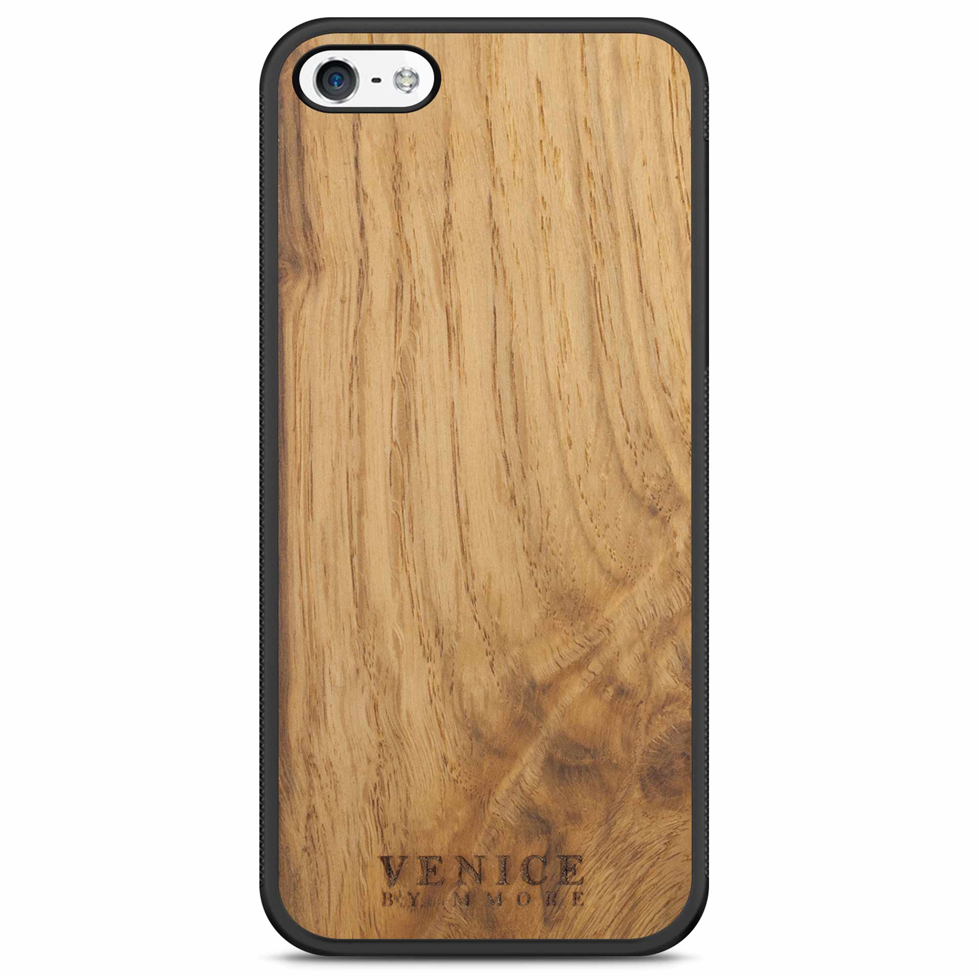 Handcrafted Venice case made from ancient oak wood with minimalist lettering design, showcasing its unique texture and craftsmanship.