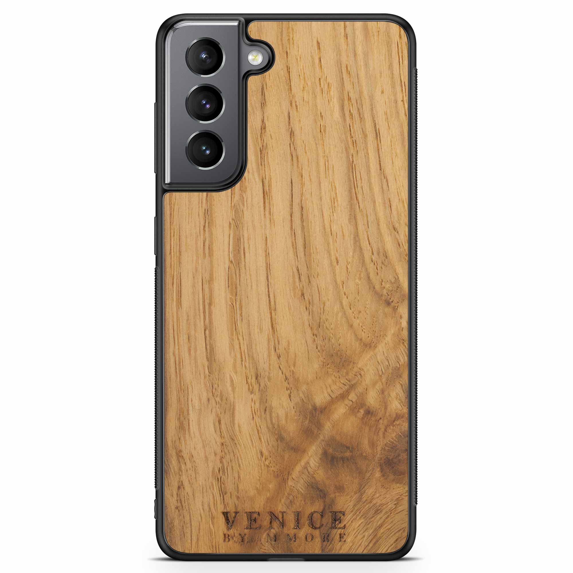 Handcrafted Venice case made from ancient oak wood with minimalist lettering design, showcasing its unique texture and craftsmanship.