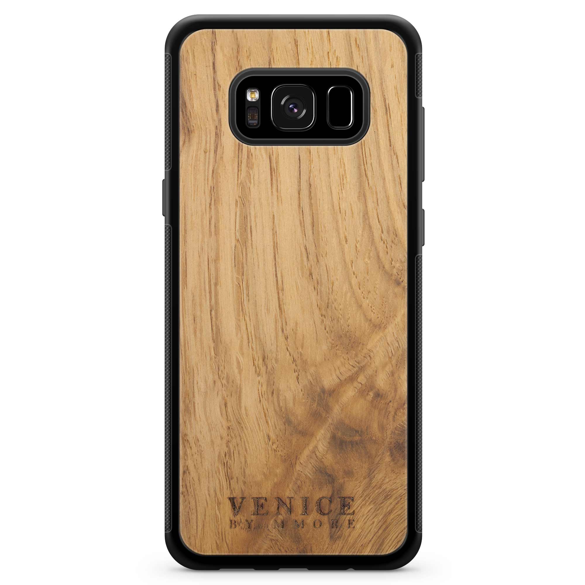 Handcrafted Venice case made from ancient oak wood with minimalist lettering design, showcasing its unique texture and craftsmanship.