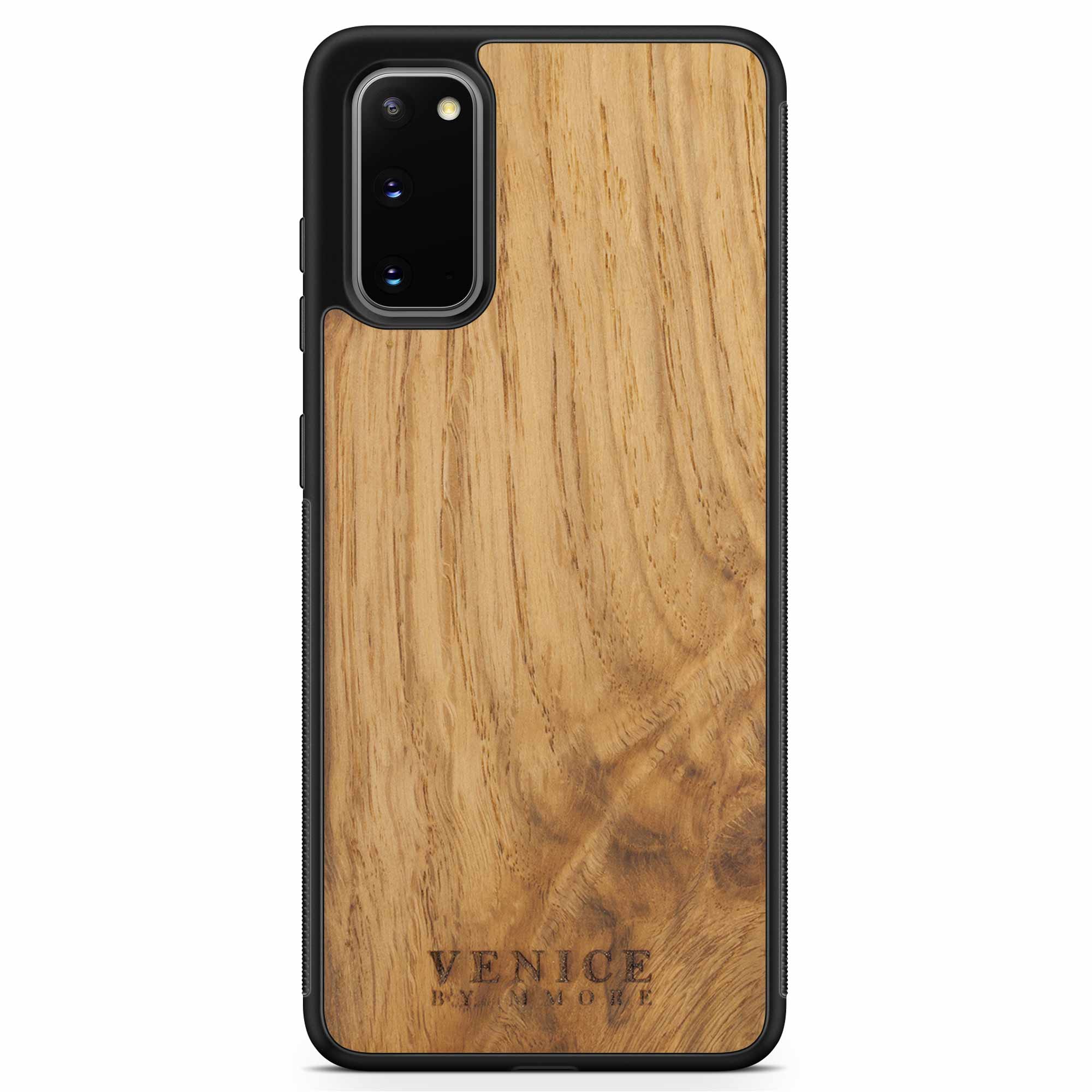 Handcrafted Venice case made from ancient oak wood with minimalist lettering design, showcasing its unique texture and craftsmanship.