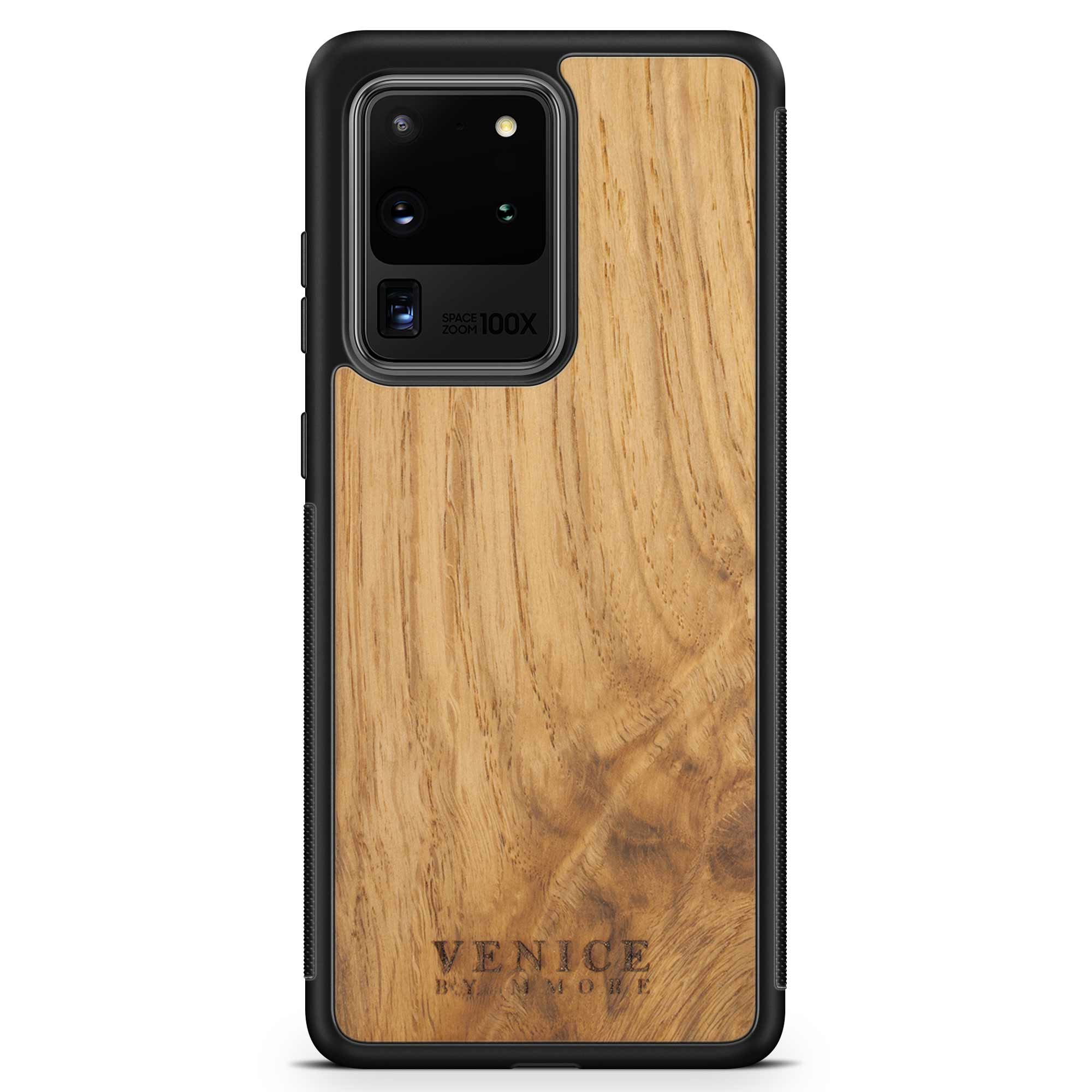 Handcrafted Venice case made from ancient oak wood with minimalist lettering design, showcasing its unique texture and craftsmanship.