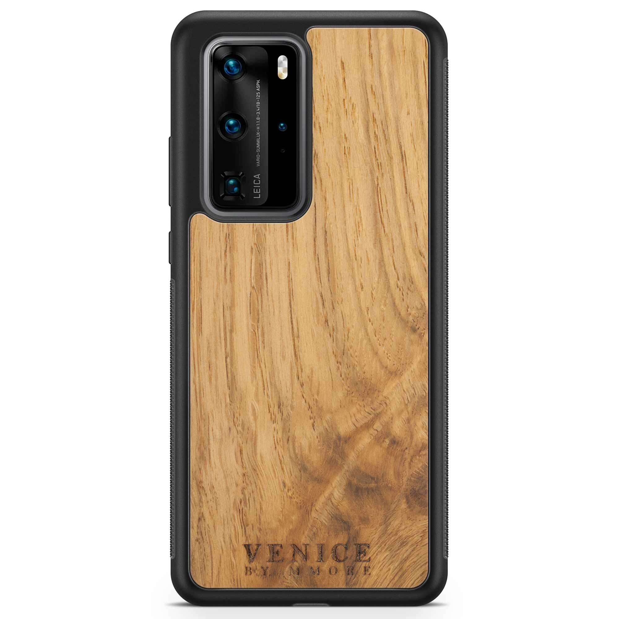 Handcrafted Venice case made from ancient oak wood with minimalist lettering design, showcasing its unique texture and craftsmanship.