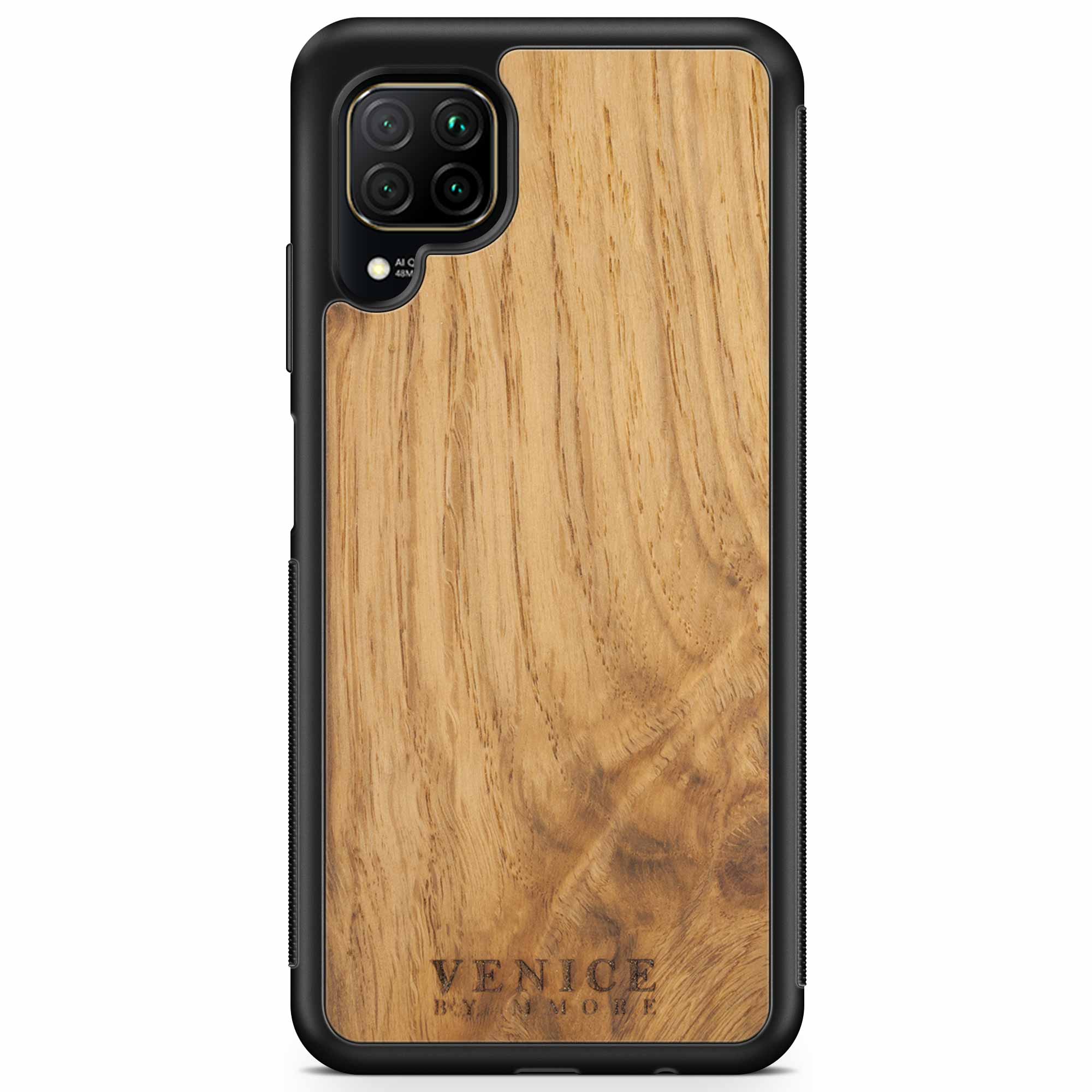 Handcrafted Venice case made from ancient oak wood with minimalist lettering design, showcasing its unique texture and craftsmanship.