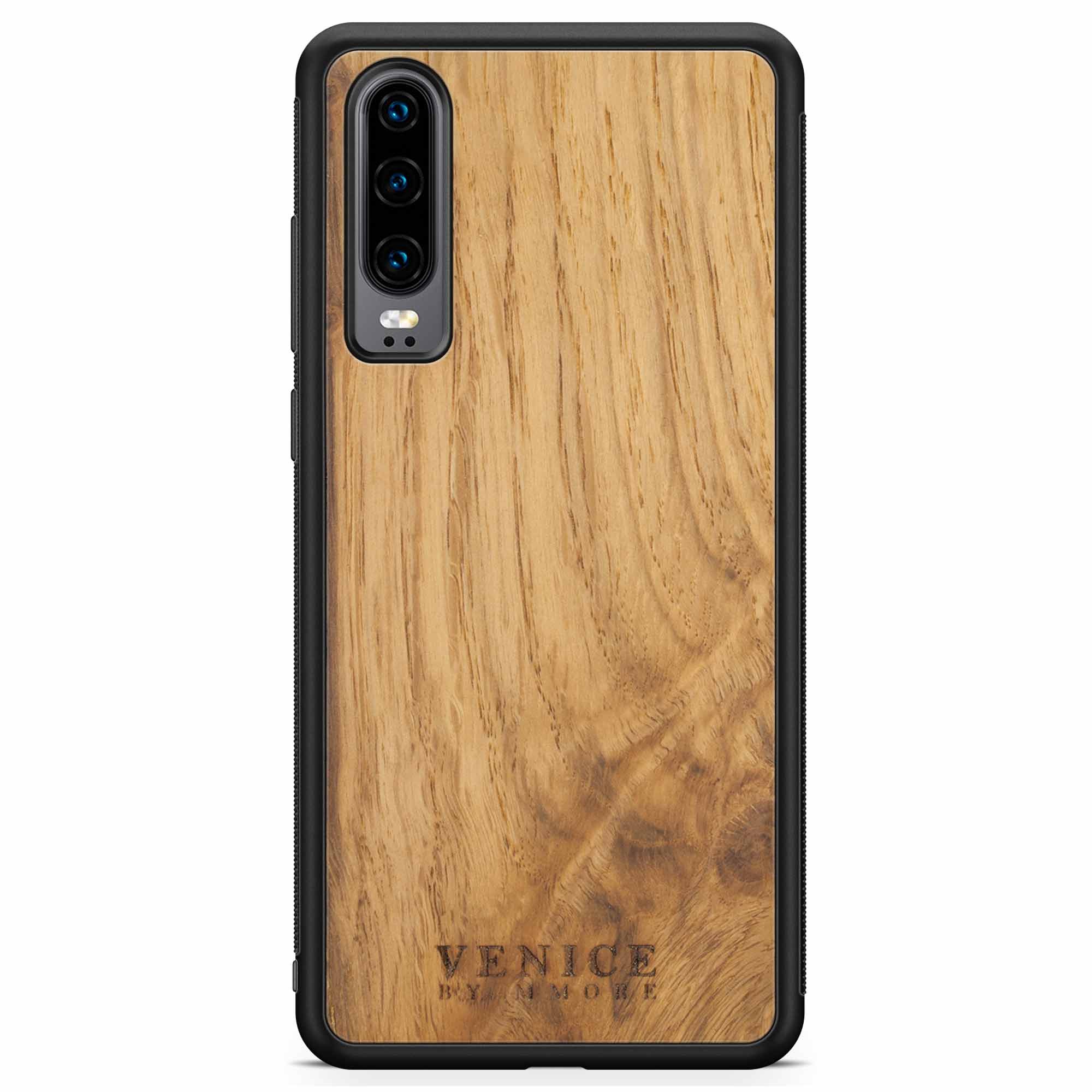 Handcrafted Venice case made from ancient oak wood with minimalist lettering design, showcasing its unique texture and craftsmanship.