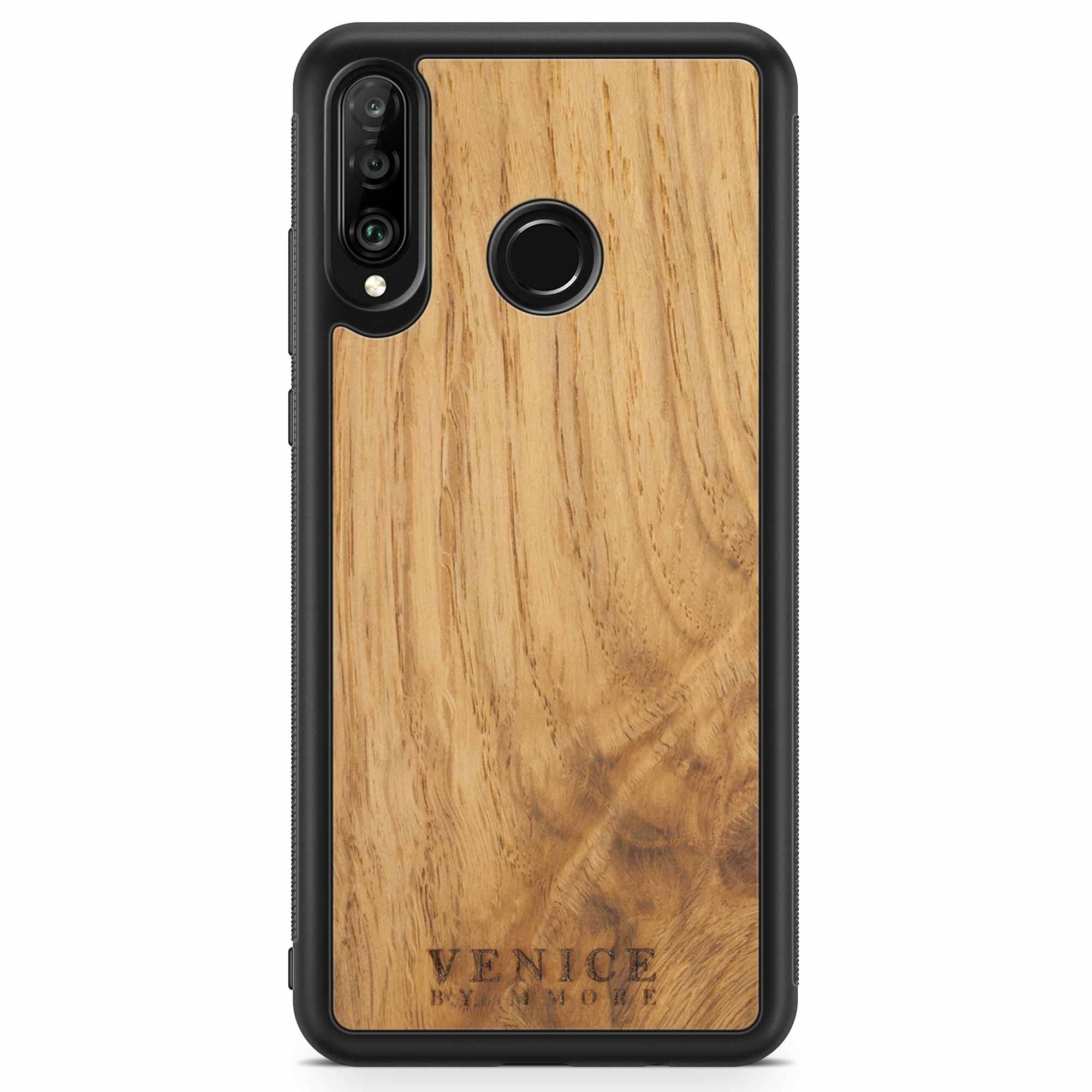 Handcrafted Venice case made from ancient oak wood with minimalist lettering design, showcasing its unique texture and craftsmanship.