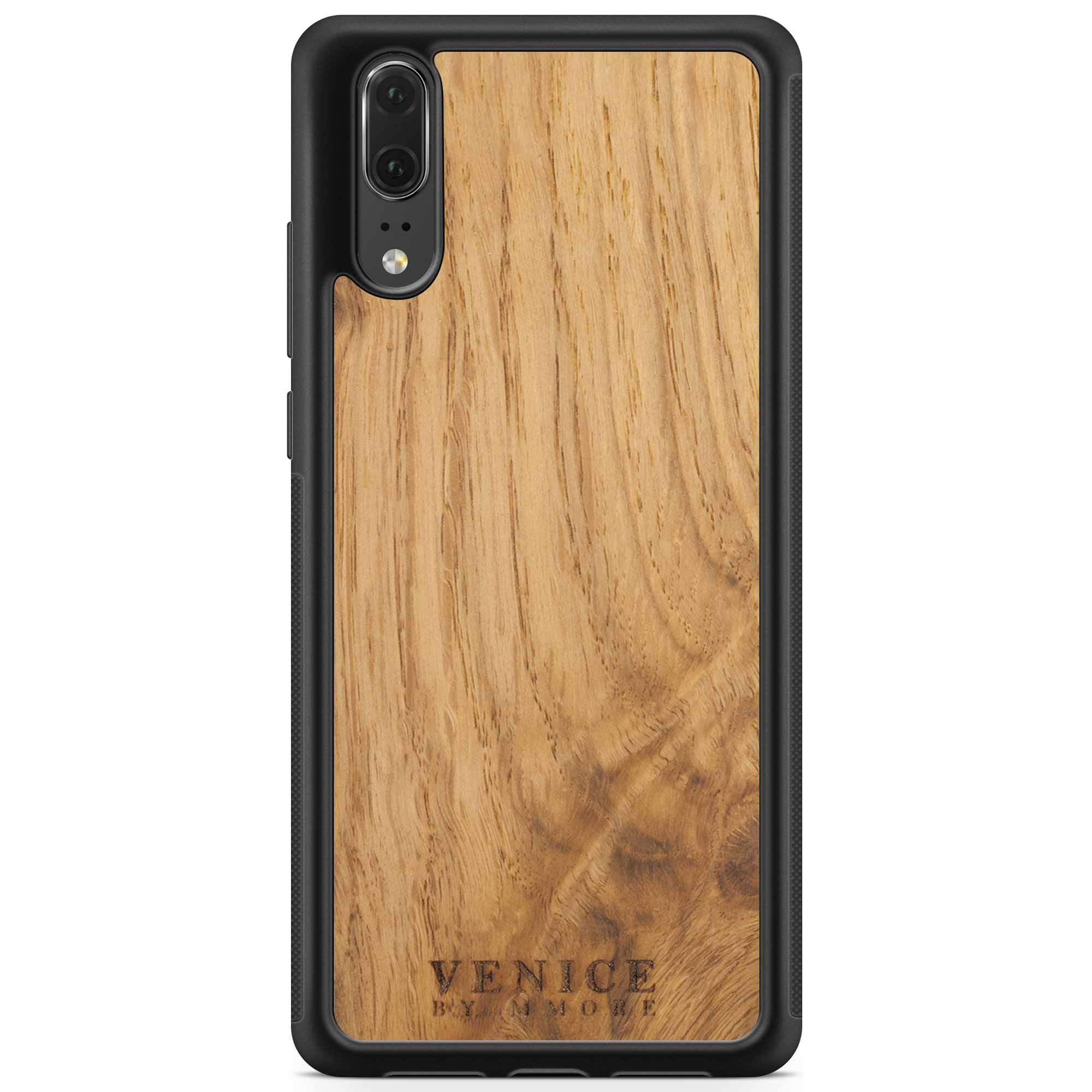 Handcrafted Venice case made from ancient oak wood with minimalist lettering design, showcasing its unique texture and craftsmanship.