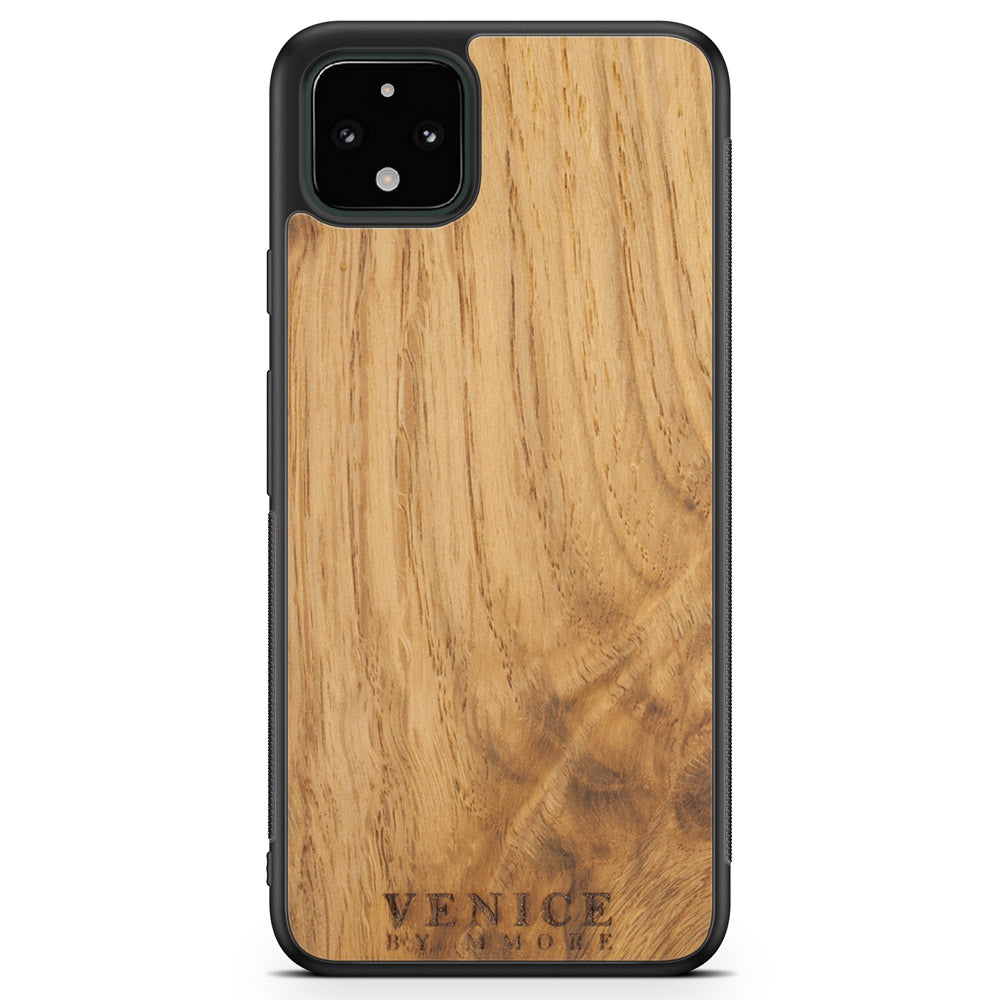 Handcrafted Venice case made from ancient oak wood with minimalist lettering design, showcasing its unique texture and craftsmanship.