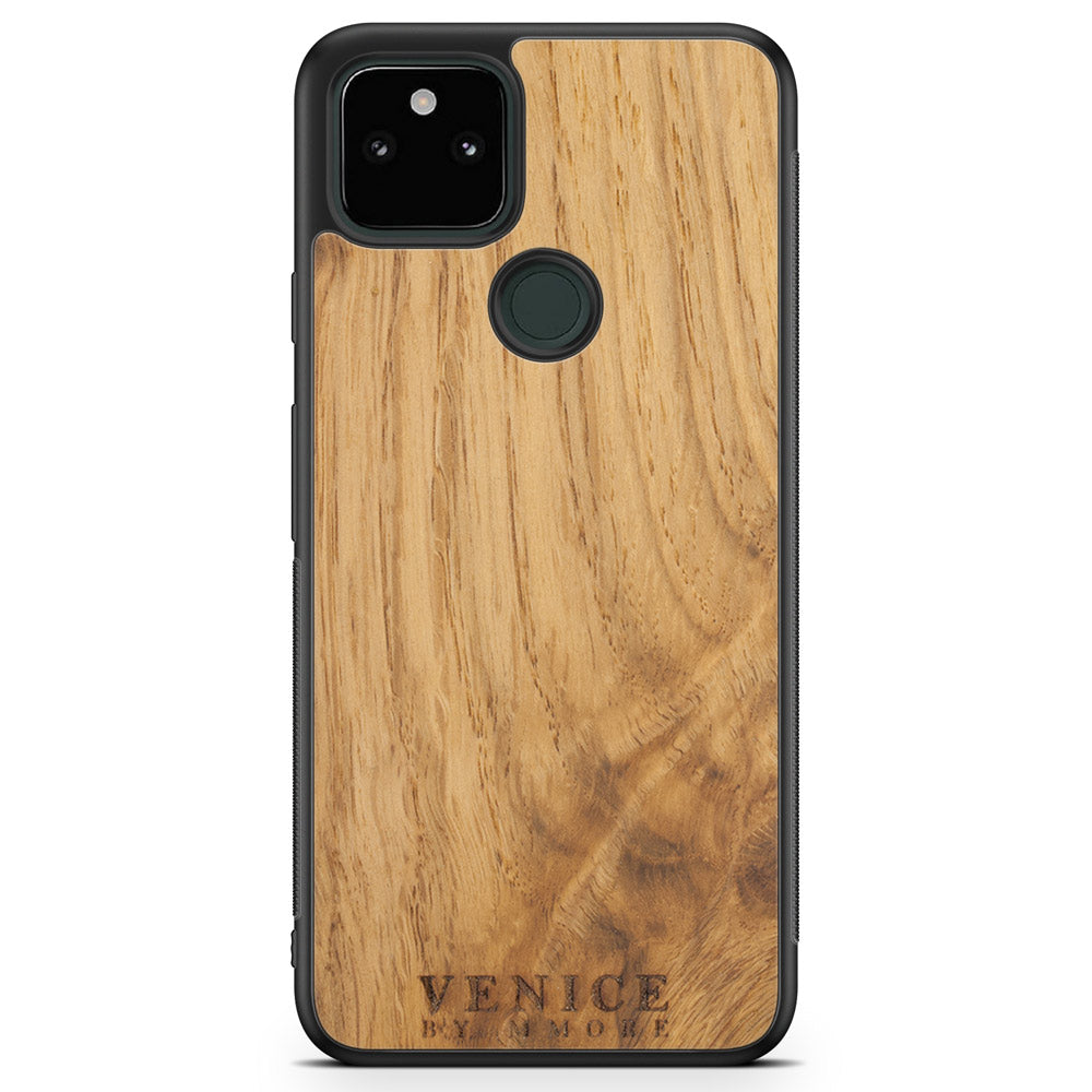 Handcrafted Venice case made from ancient oak wood with minimalist lettering design, showcasing its unique texture and craftsmanship.