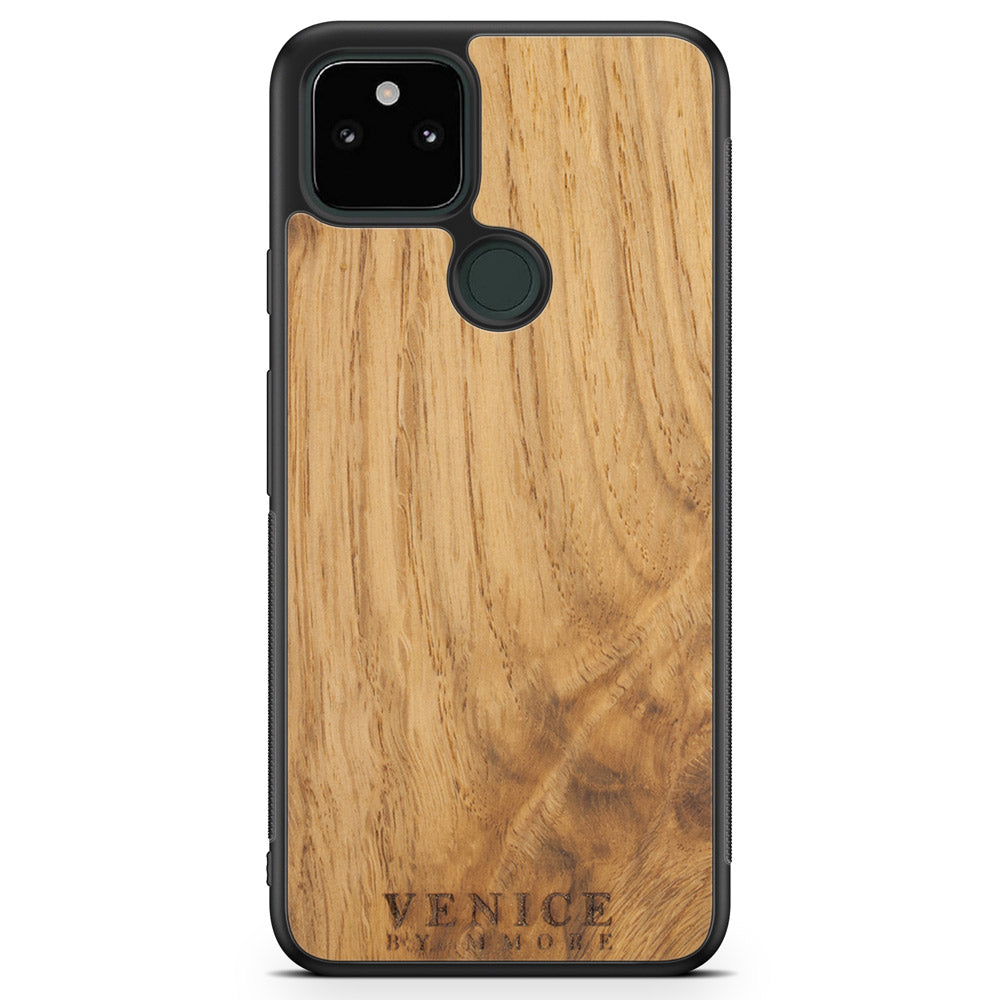 Handcrafted Venice case made from ancient oak wood with minimalist lettering design, showcasing its unique texture and craftsmanship.