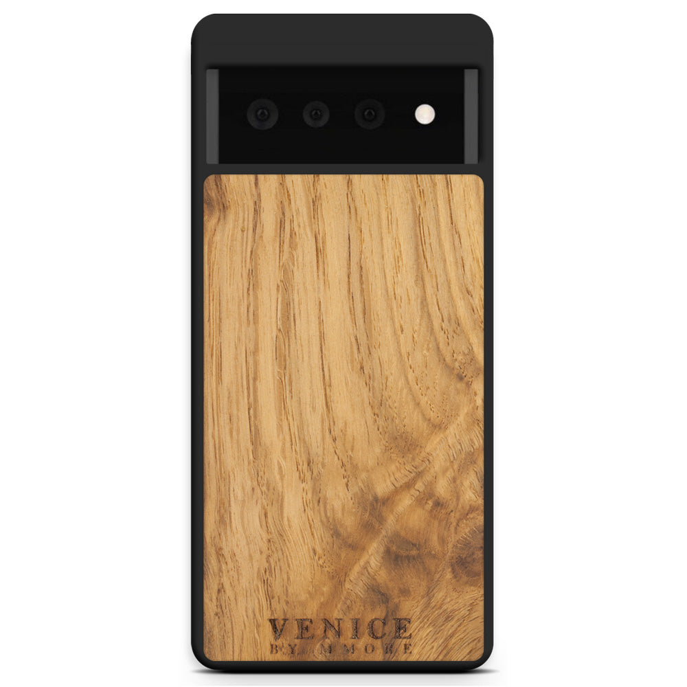 Handcrafted Venice case made from ancient oak wood with minimalist lettering design, showcasing its unique texture and craftsmanship.