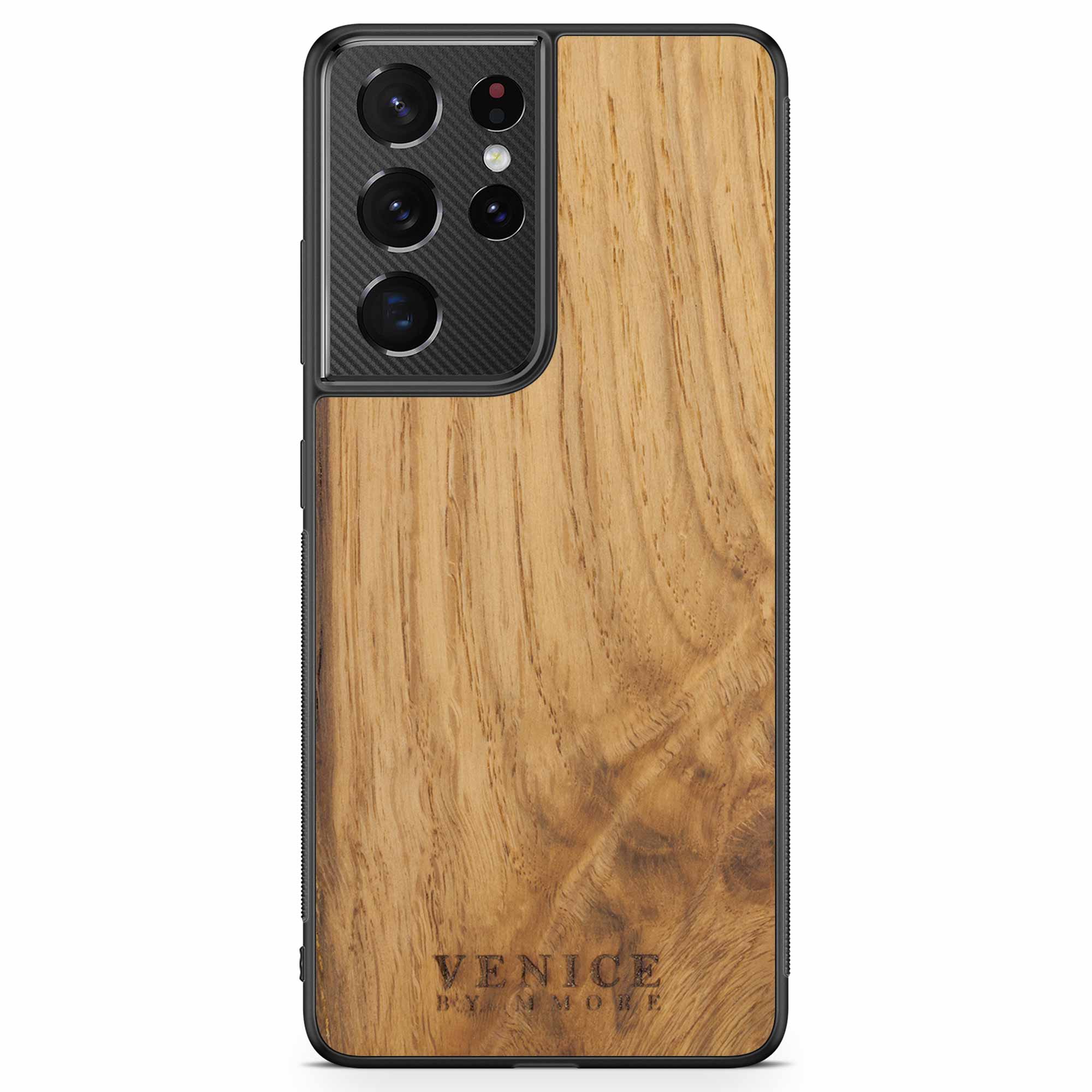 Handcrafted Venice case made from ancient oak wood with minimalist lettering design, showcasing its unique texture and craftsmanship.