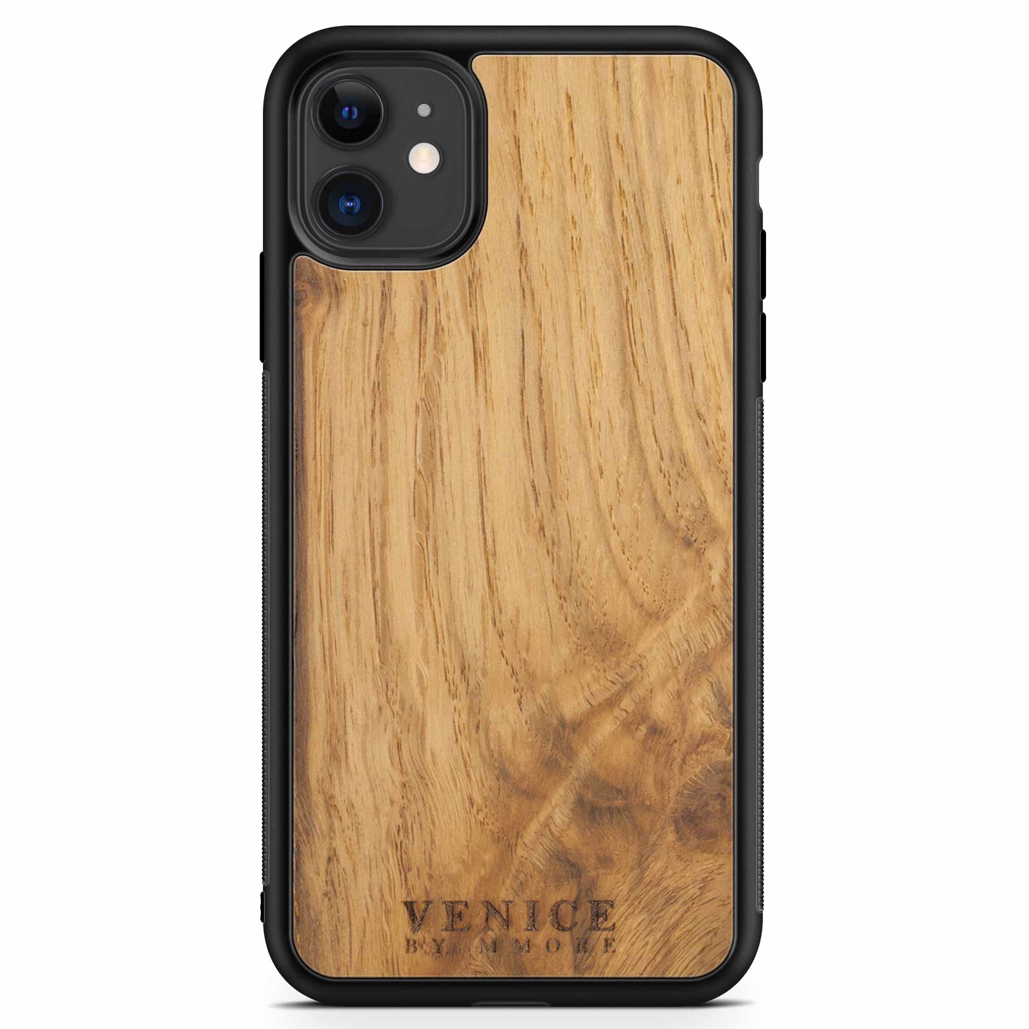 Handcrafted Venice case made from ancient oak wood with minimalist lettering design, showcasing its unique texture and craftsmanship.