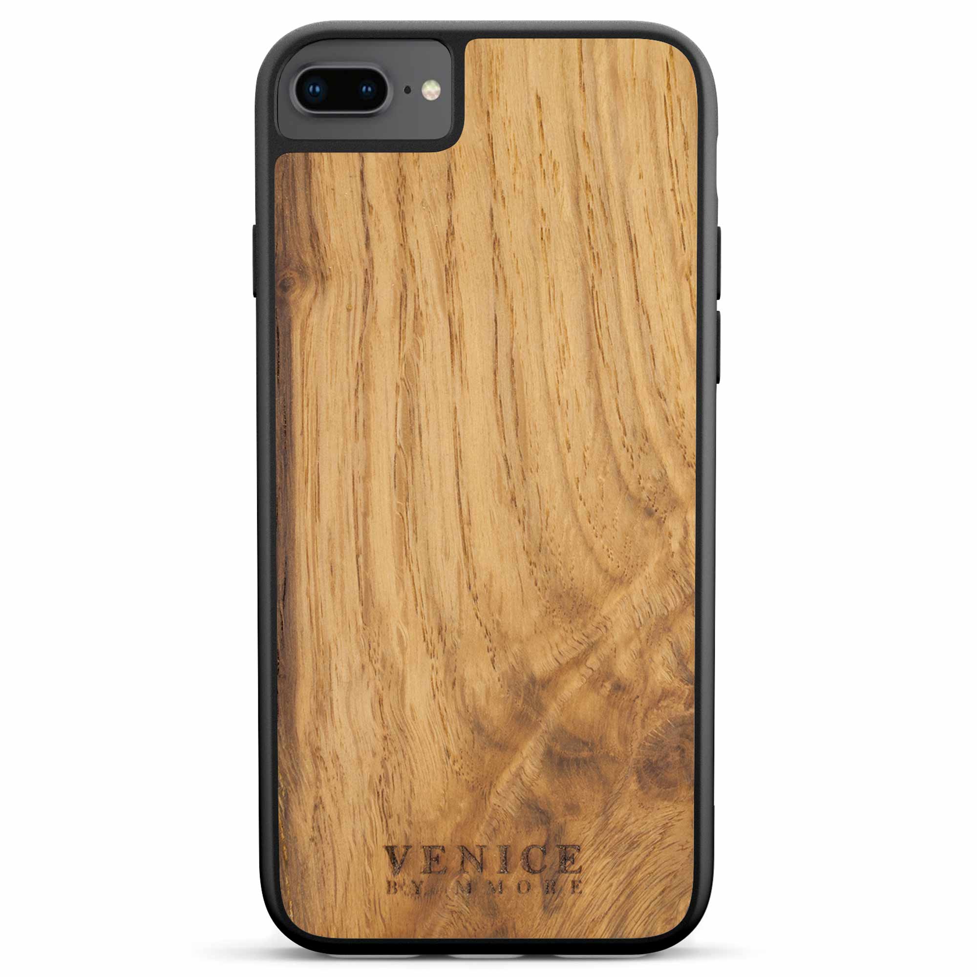 Handcrafted Venice case made from ancient oak wood with minimalist lettering design, showcasing its unique texture and craftsmanship.