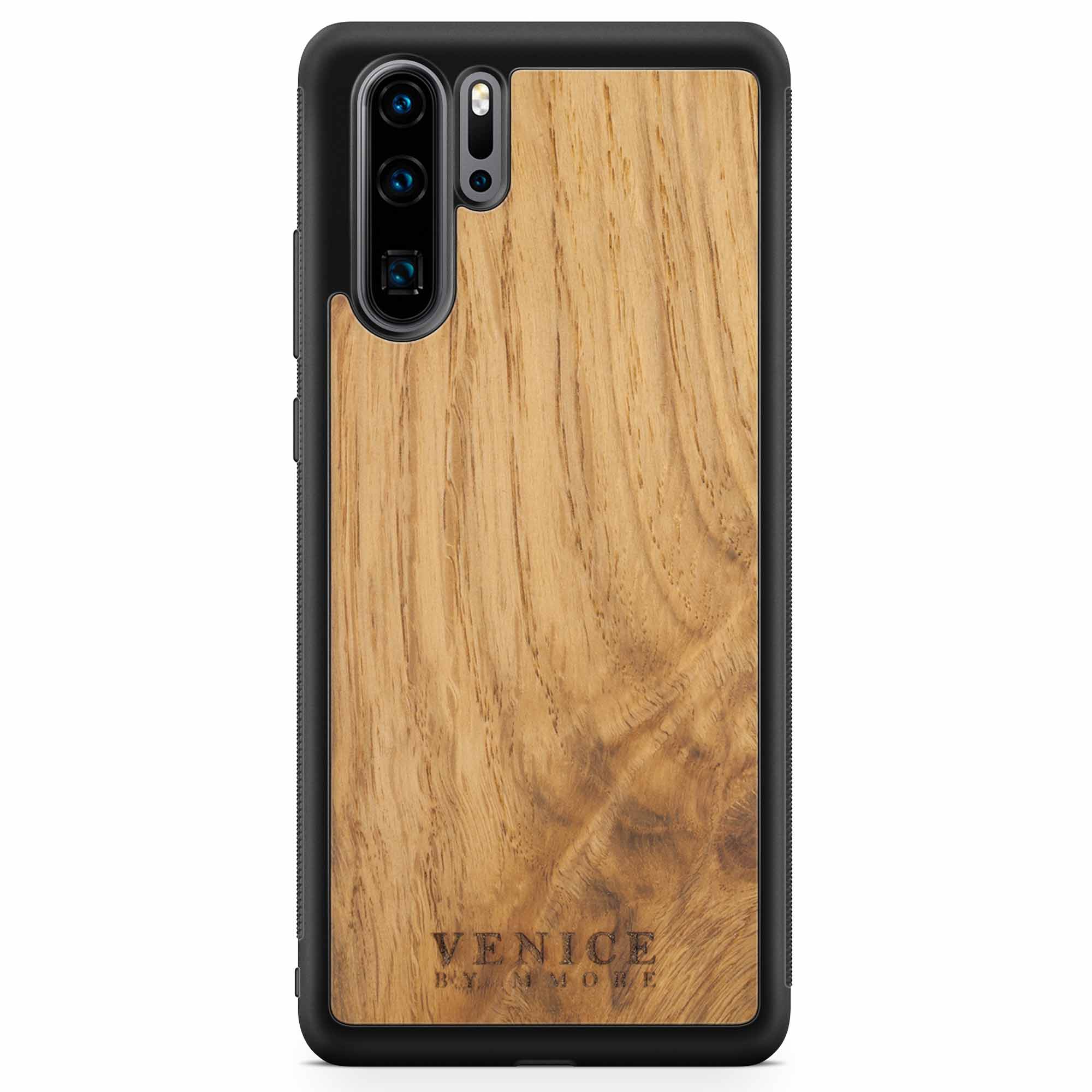 Handcrafted Venice case made from ancient oak wood with minimalist lettering design, showcasing its unique texture and craftsmanship.