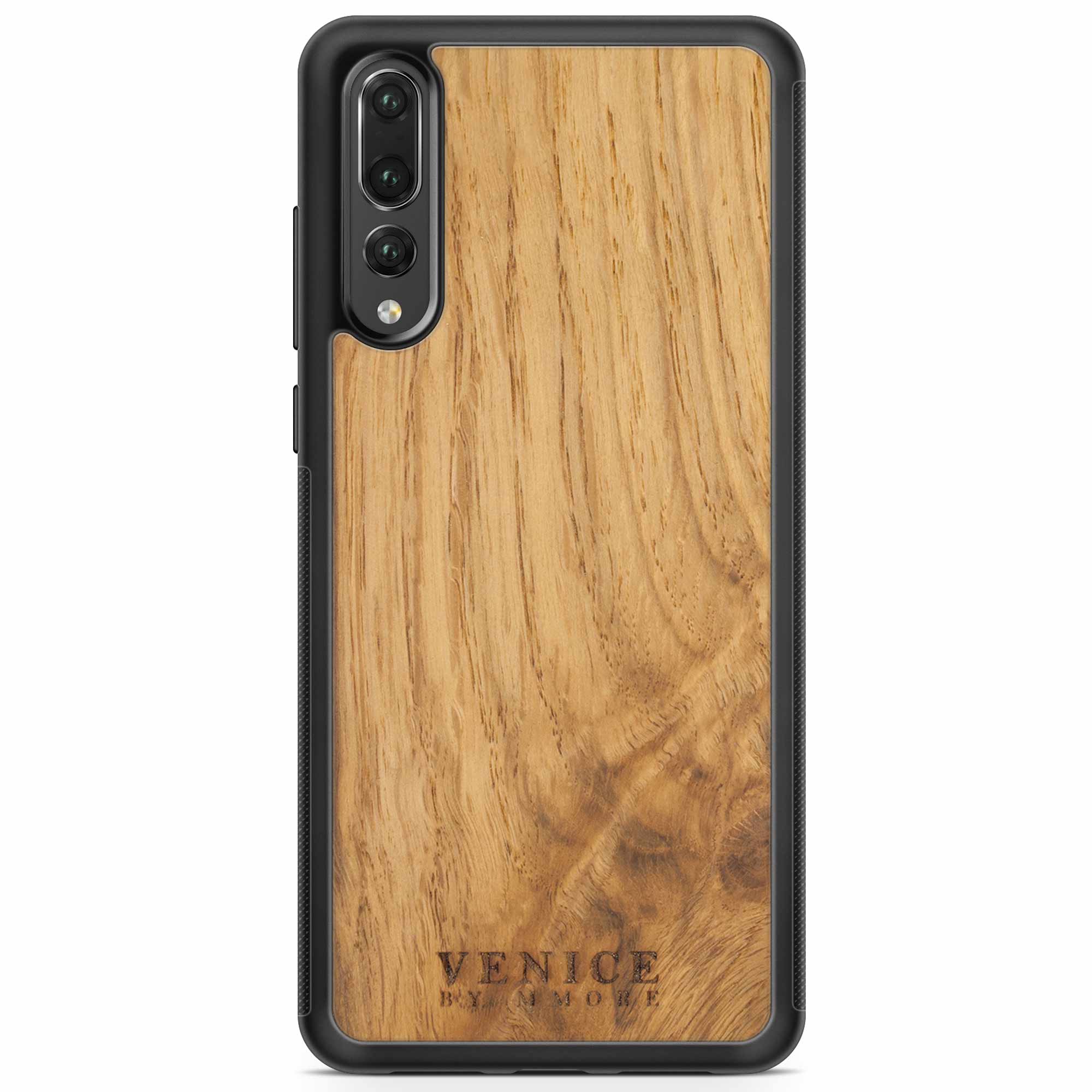 Handcrafted Venice case made from ancient oak wood with minimalist lettering design, showcasing its unique texture and craftsmanship.