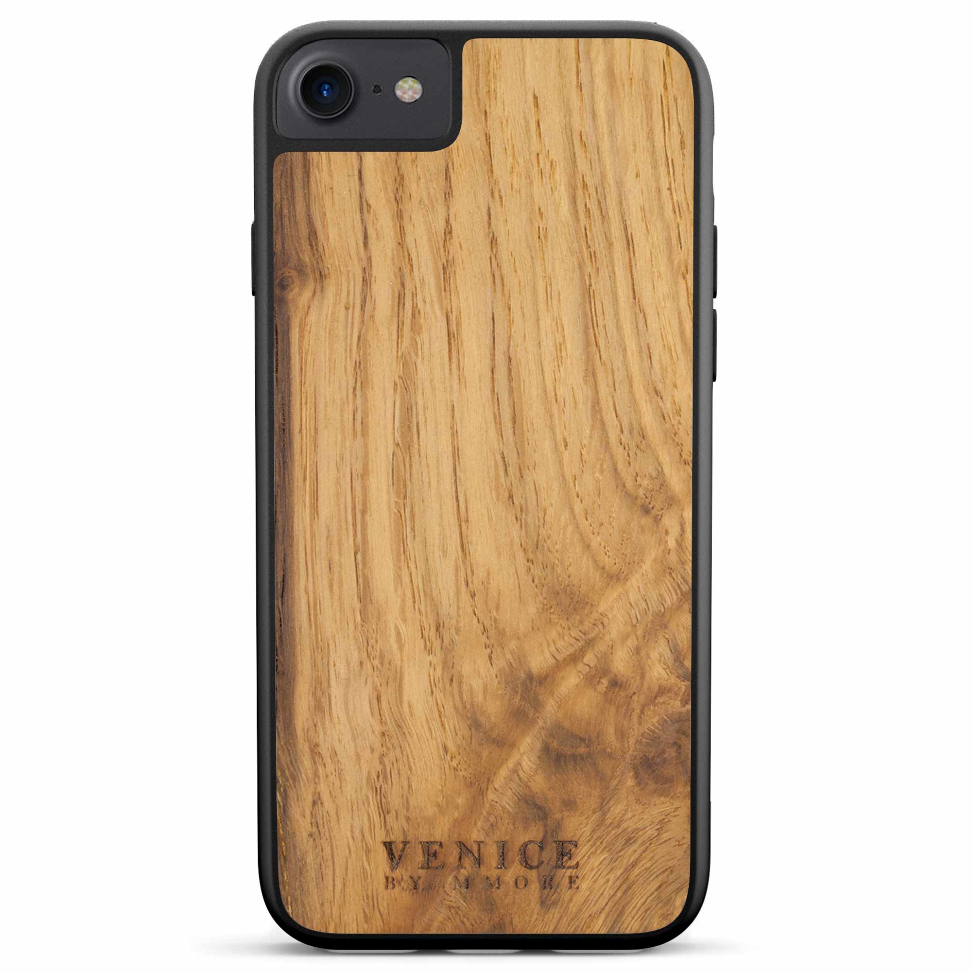 Handcrafted Venice case made from ancient oak wood with minimalist lettering design, showcasing its unique texture and craftsmanship.