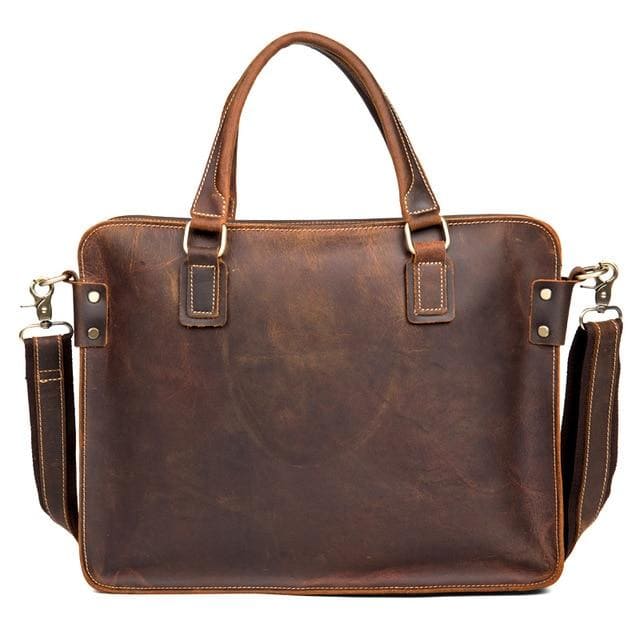 The Viggo Briefcase, a genuine leather messenger bag, showcasing its sleek design, spacious compartments, and high-quality crazy horse leather finish.