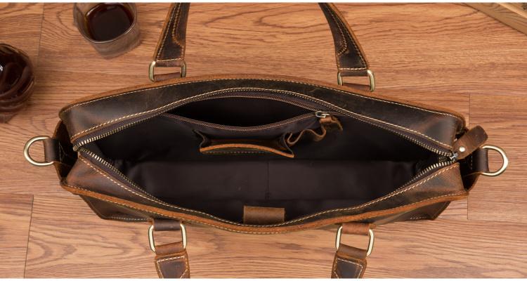 The Viggo Briefcase, a genuine leather messenger bag, showcasing its sleek design, spacious compartments, and high-quality crazy horse leather finish.